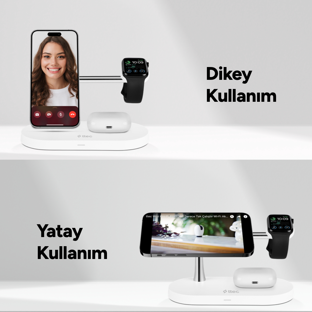 Telefon (dikey), saat ve kulaklık şarj istasyonu. Alt: telefon (yatay), saat, kulaklık.
