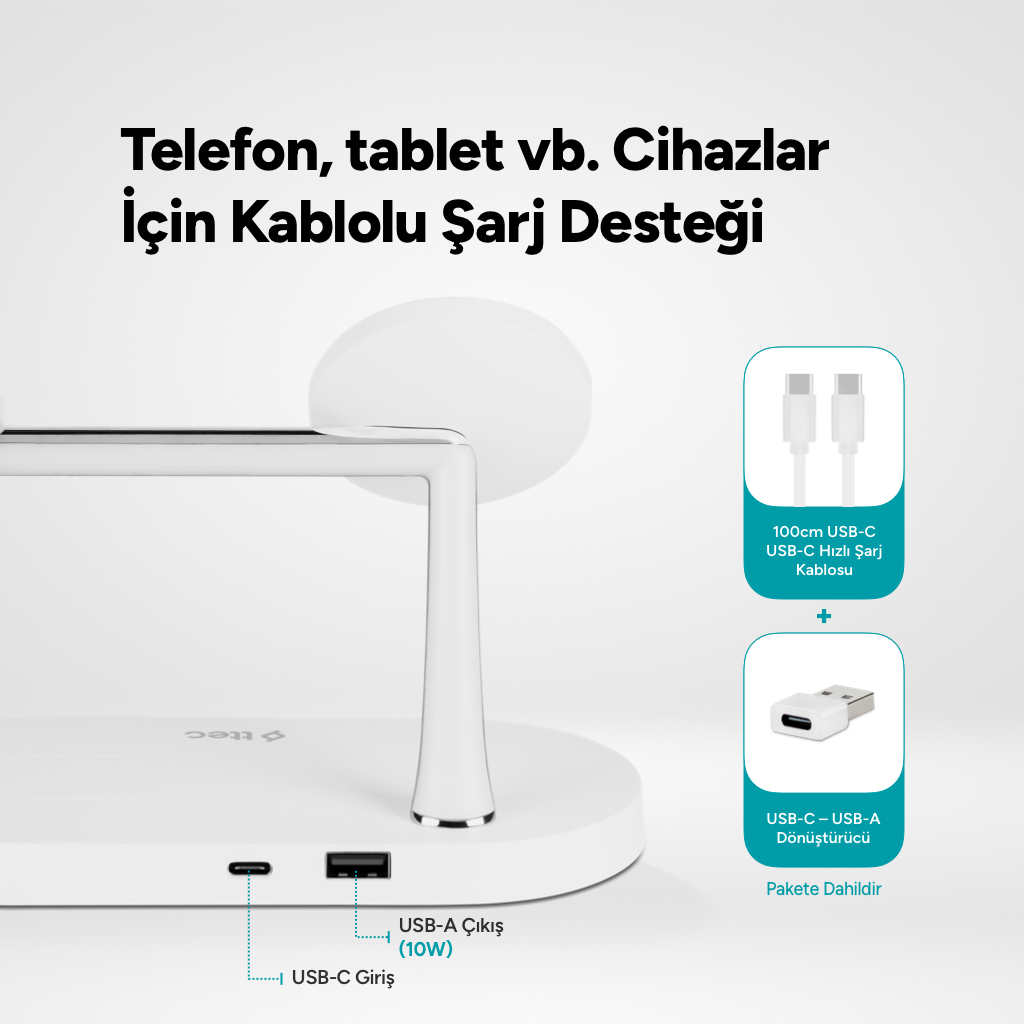 USB-C ve USB-A portlu beyaz şarj istasyonu, kablo ve adaptör.