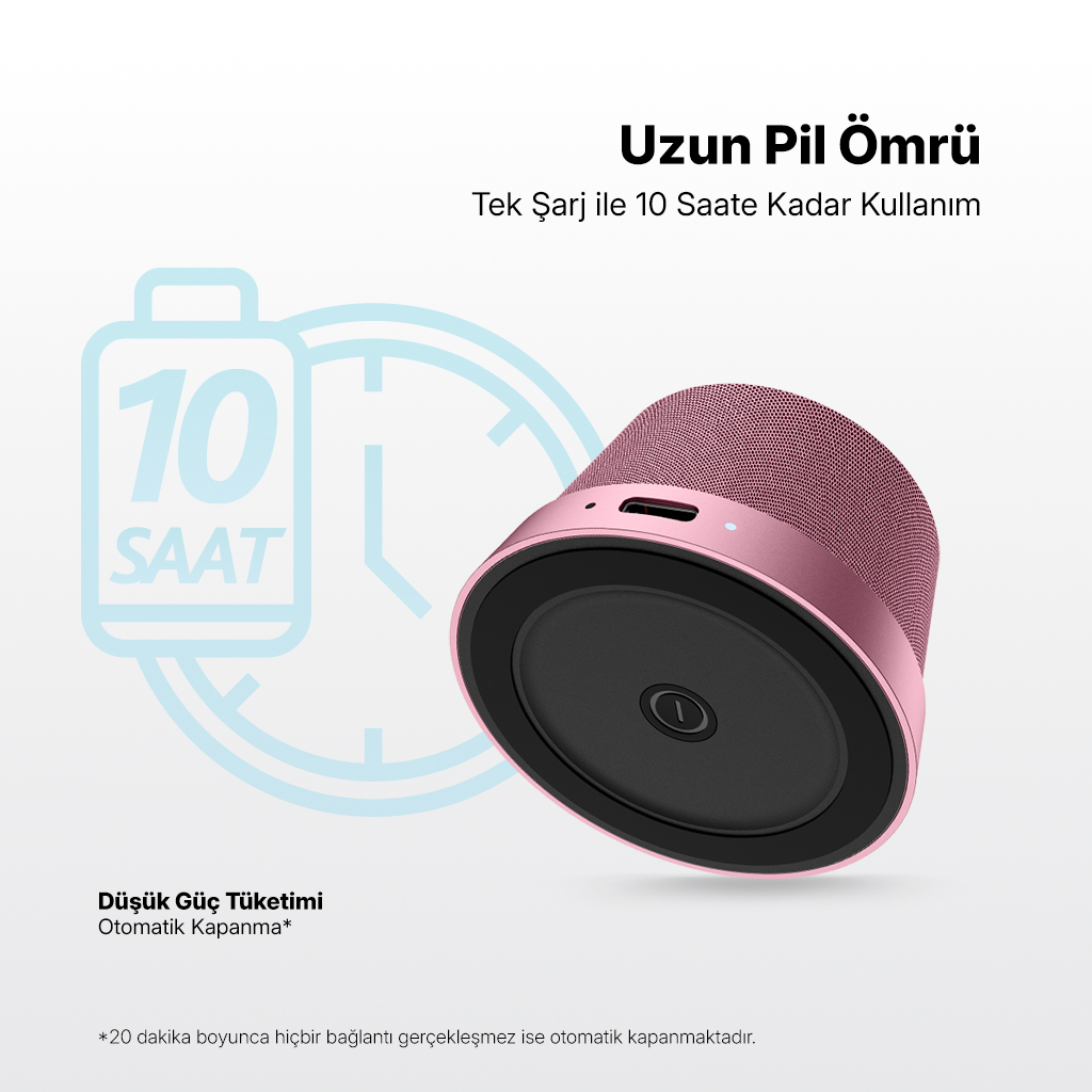 10 saat kullanım gösteren pil simgeli pembe hoparlör.
