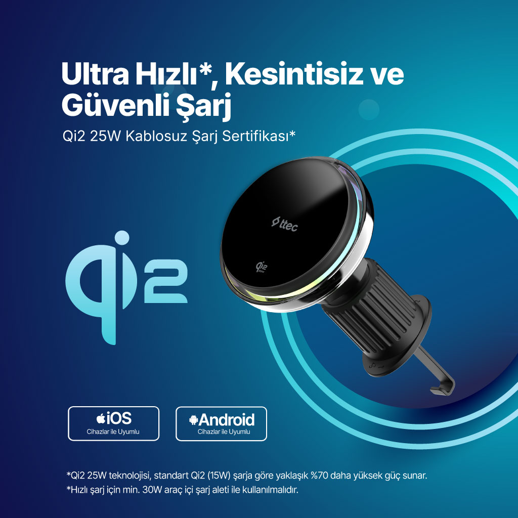Siyah Qi2 25W kablosuz şarj cihazı, tutuculu, iOS/Android uyumlu.