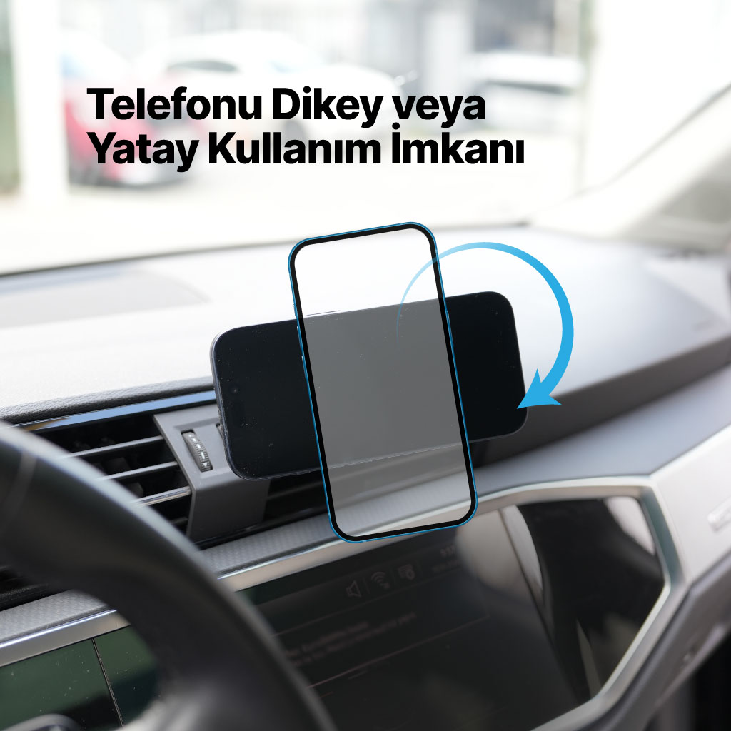 Telefonu dikey veya yatay tutan araç telefonu tutucusu.