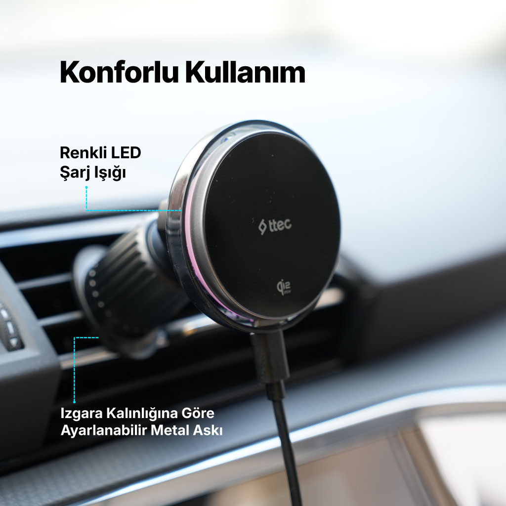 Araba havalandırmasına takılı LED ışıklı siyah telefon tutucu.