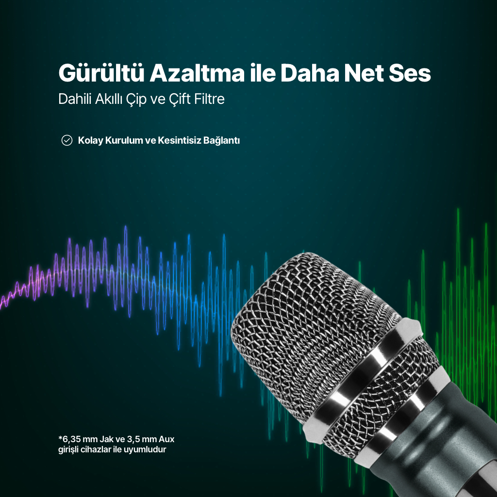 Ses dalgaları grafikli mikrofon. Metin: Net ses için gürültü azaltma.