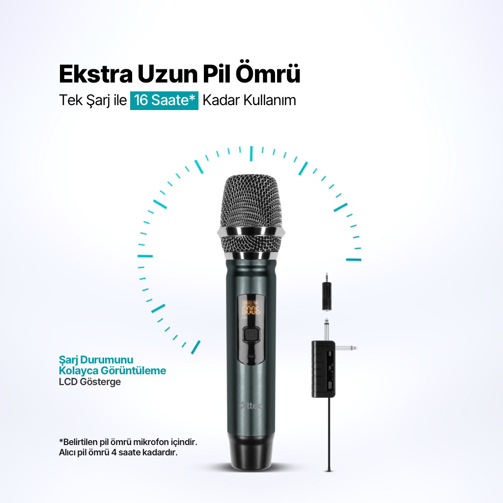 Uzun pil ömrüne sahip, LCD ekranlı ve aksesuarlı kablosuz mikrofon.