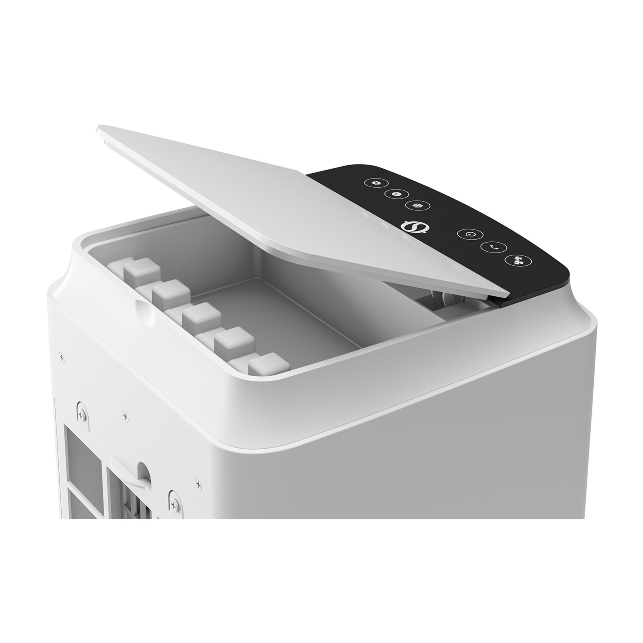 Distruggidocumenti bianco con coperchio aperto, mostra fessure interne e pannello di controllo con icone.