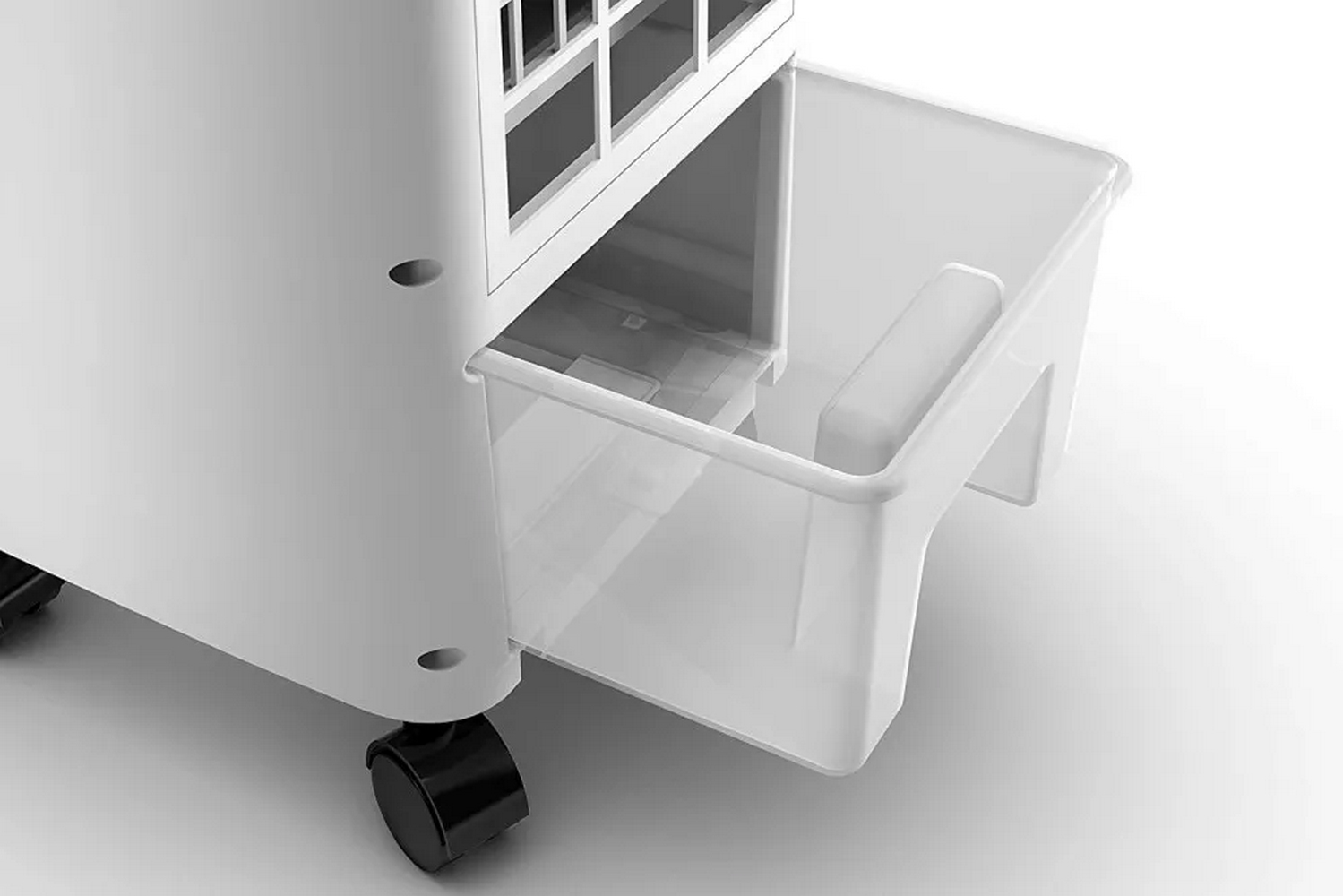 Un climatizzatore portatile bianco con ruote e cassetto estraibile.