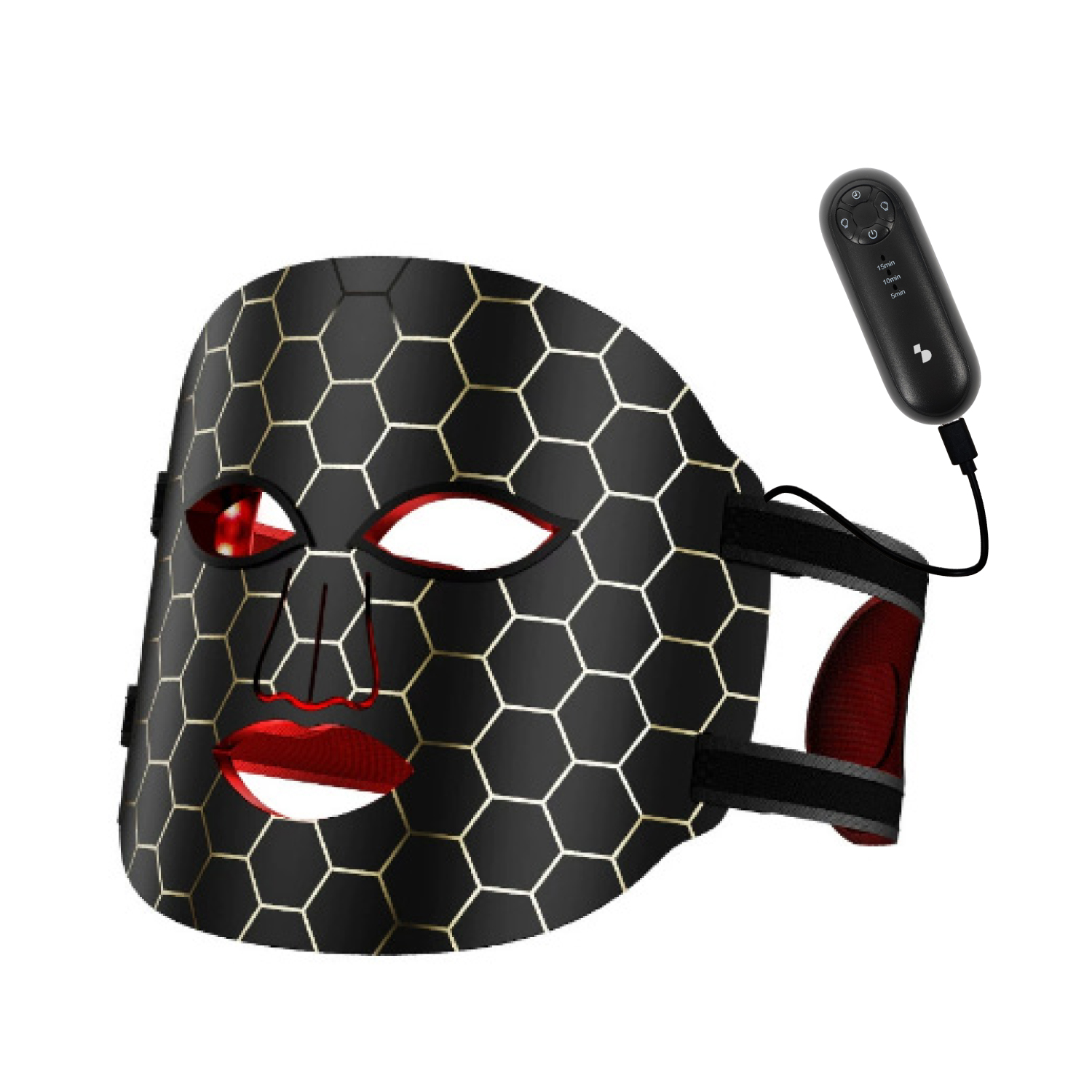 Maschera viso nera con motivo a nido d'ape e telecomando.