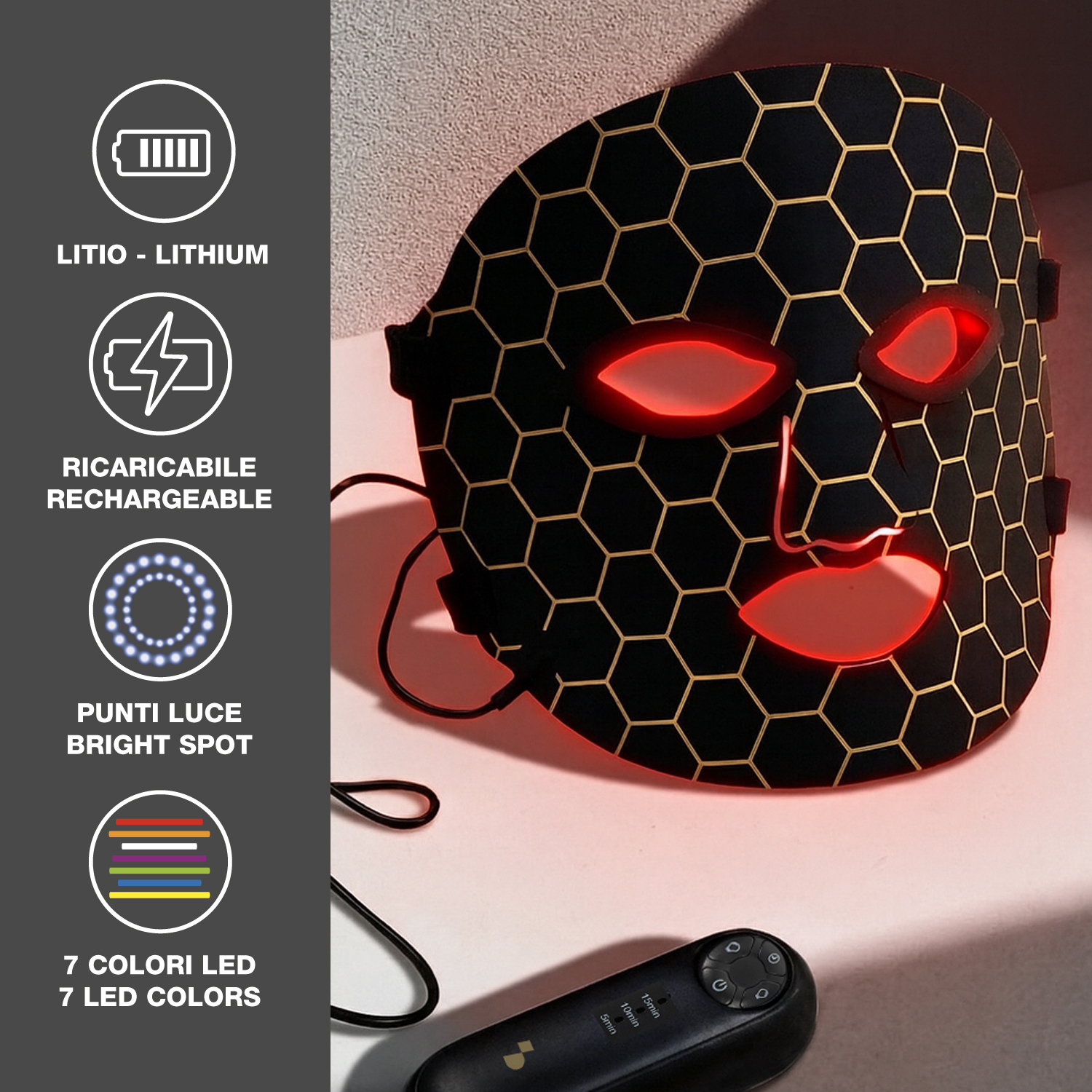 Una maschera viso LED nera con motivo a nido d'ape e luci rosse, con telecomando.