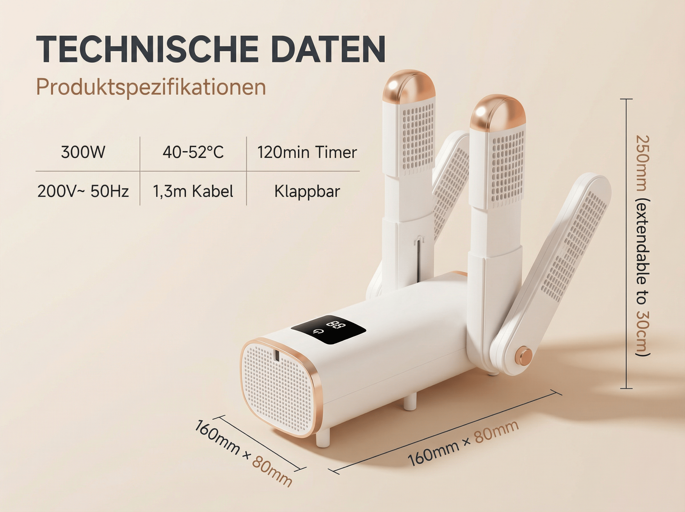 Ein weißer Schuhwärmer mit Roségold-Akzenten, 300W, 40-52°C, 120min Timer.