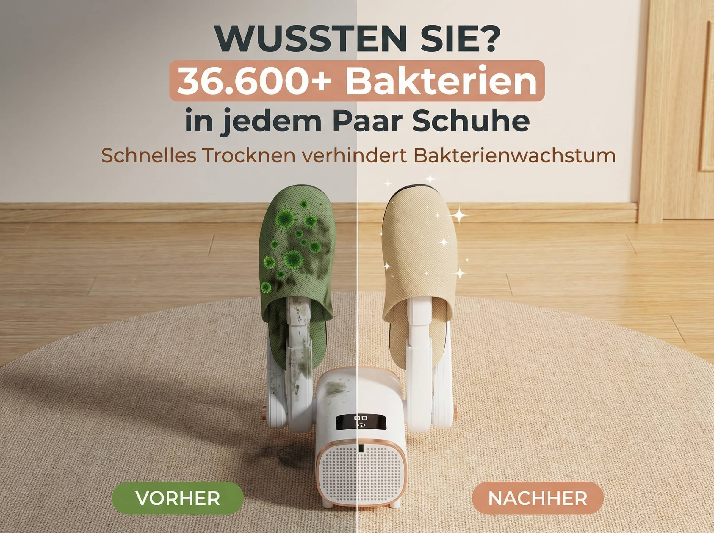Ein grüner Schuh mit Bakterien und ein beiger Schuh daneben.