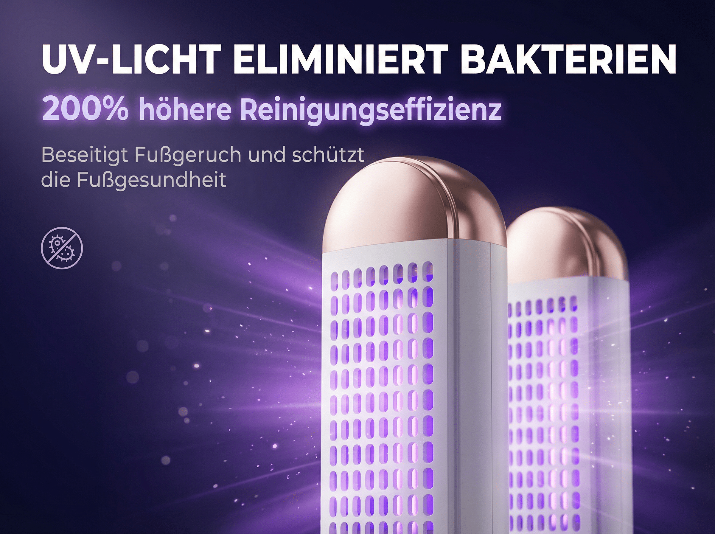 UV-Licht reinigt effizient und schützt Fußgesundheit. Zwei Geräte mit lila Licht.