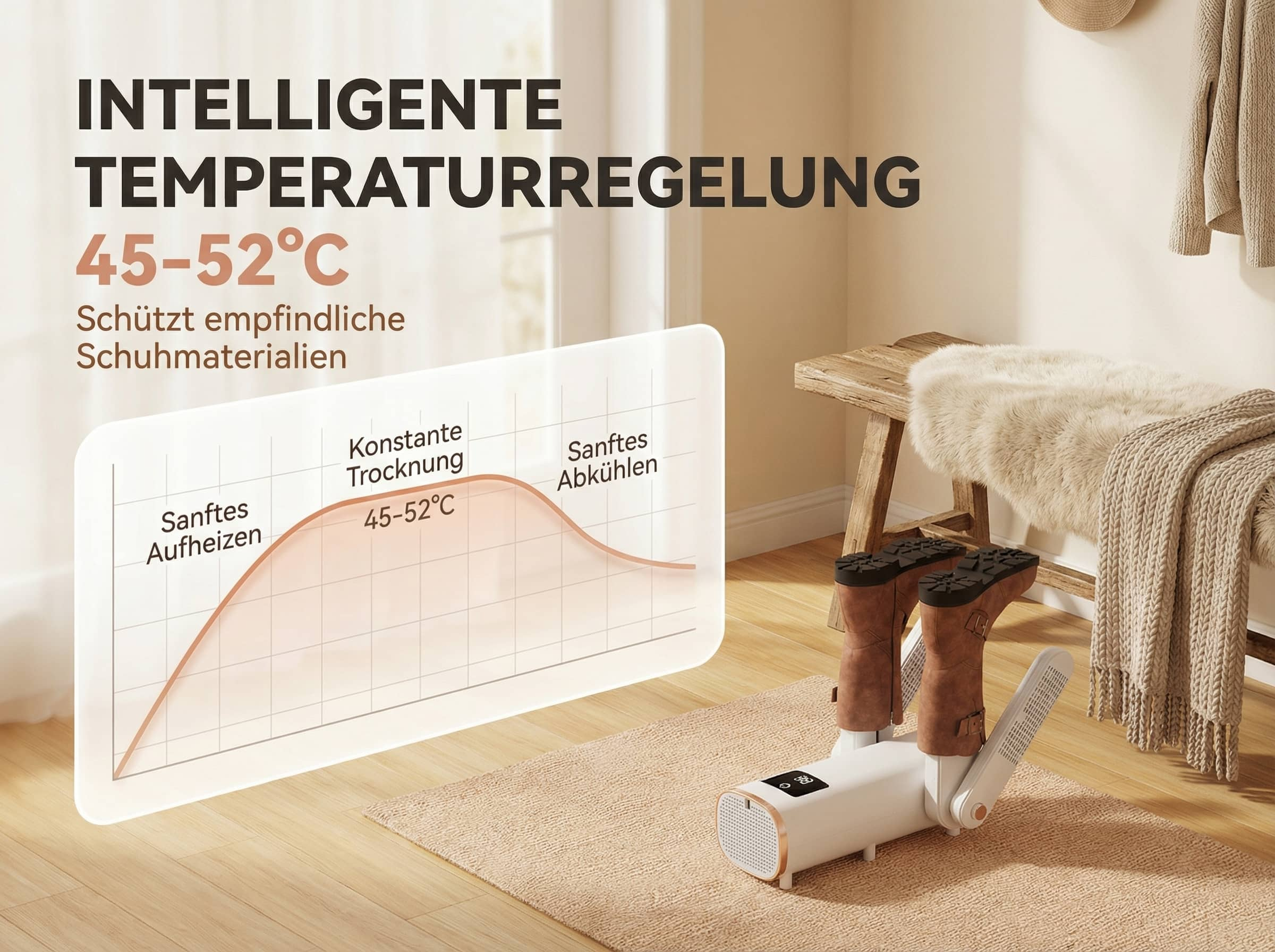 Ein Schuhtrockner mit einem Temperaturdiagramm und Stiefeln.