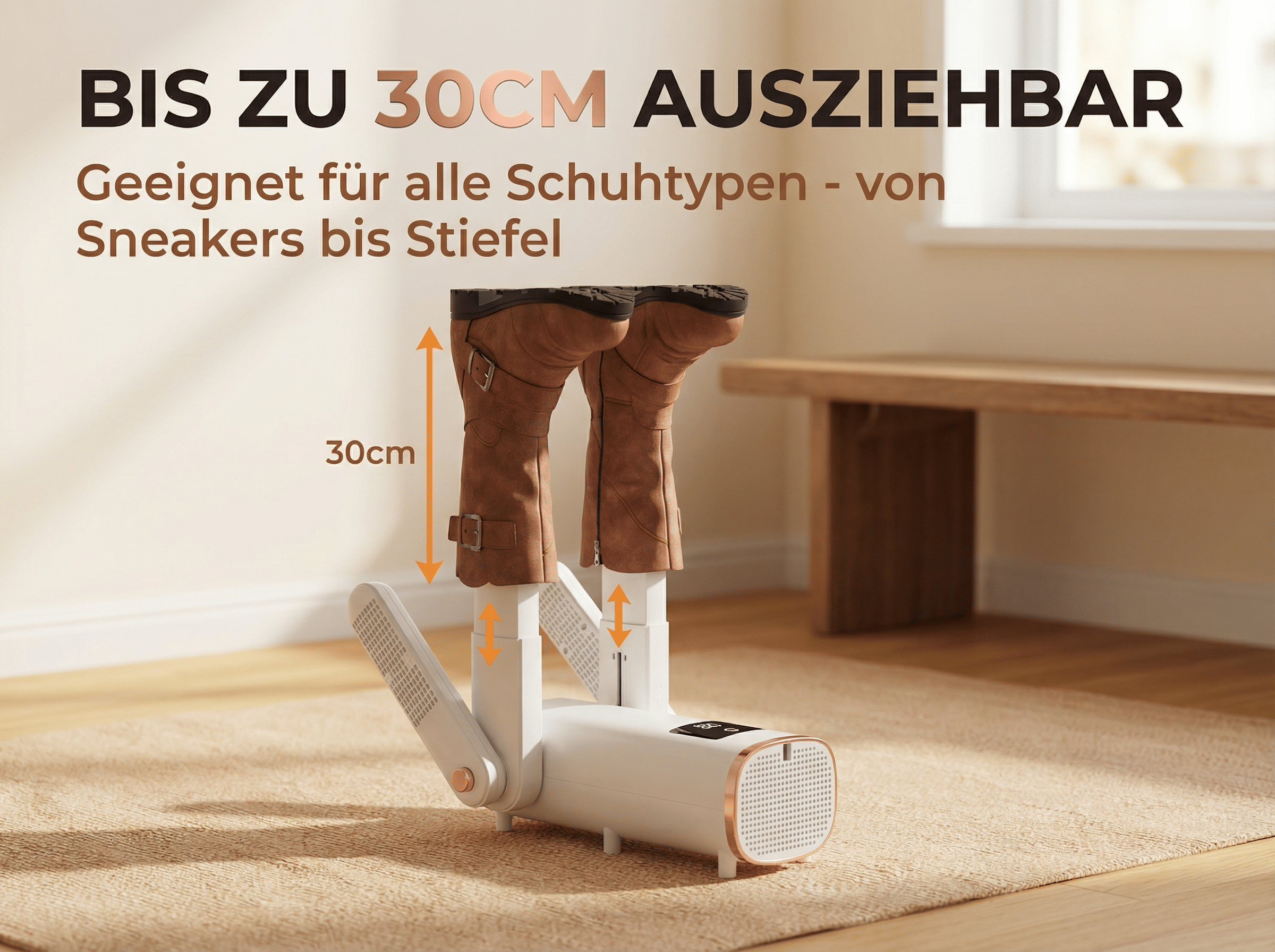 Ein weißer Schuh-Trockner trocknet braune Stiefel. Bis zu 30 cm ausziehbar.