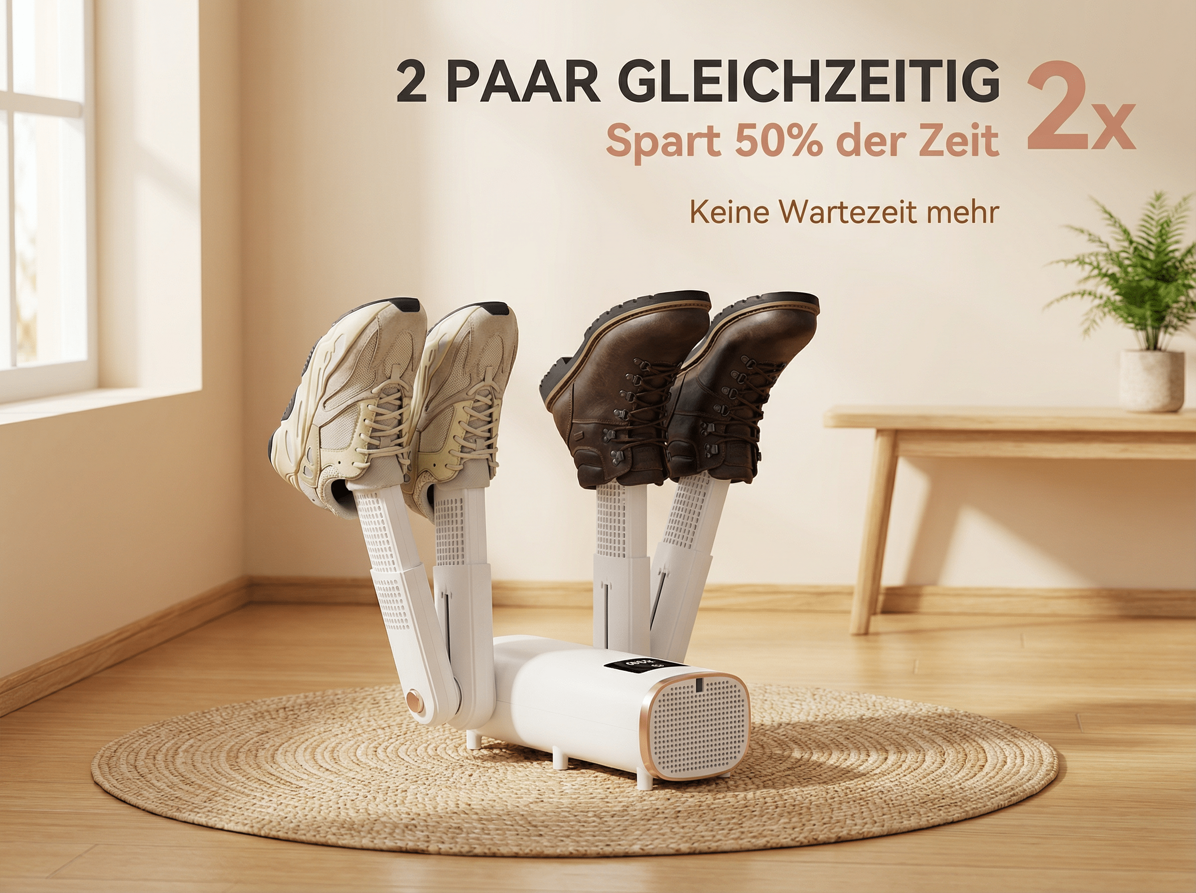 Ein weißer Schuhtrockner trocknet zwei Paar Schuhe gleichzeitig.
