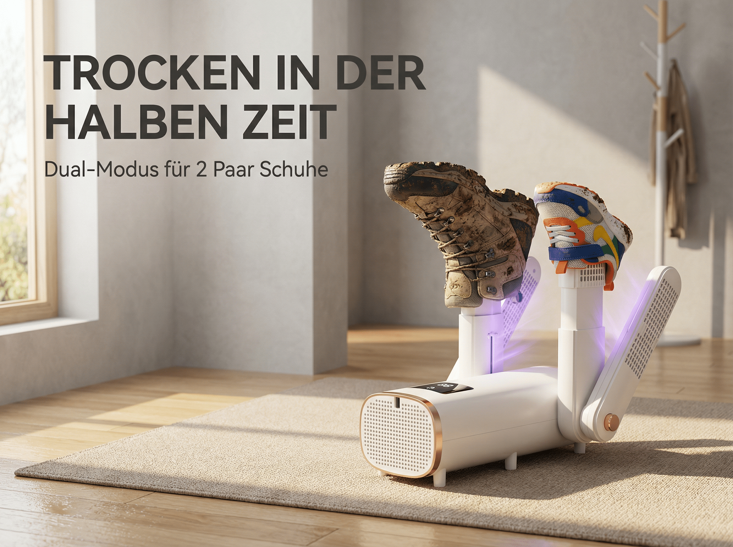 Ein weißer Schuhtrockner mit einem braunen Stiefel und einem bunten Sneaker.