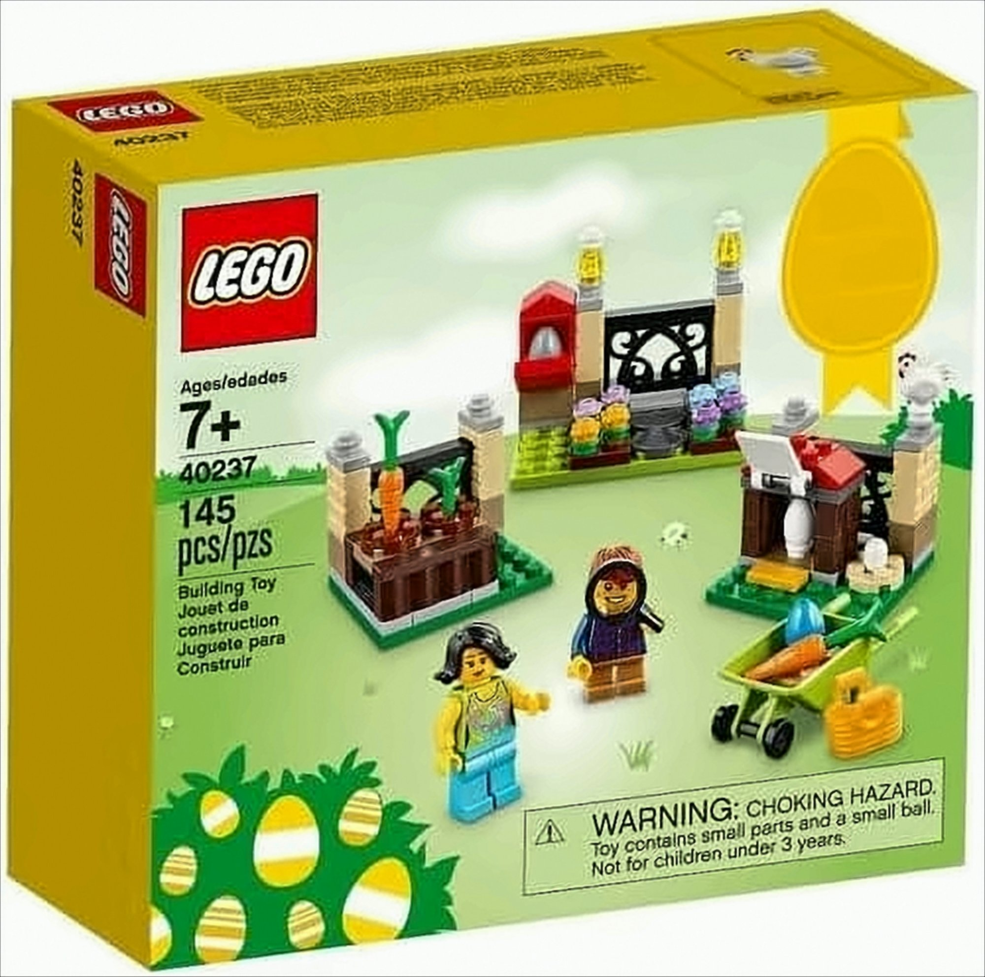 Set Lego con giardino, figure, carote e carriola. Età 7+.