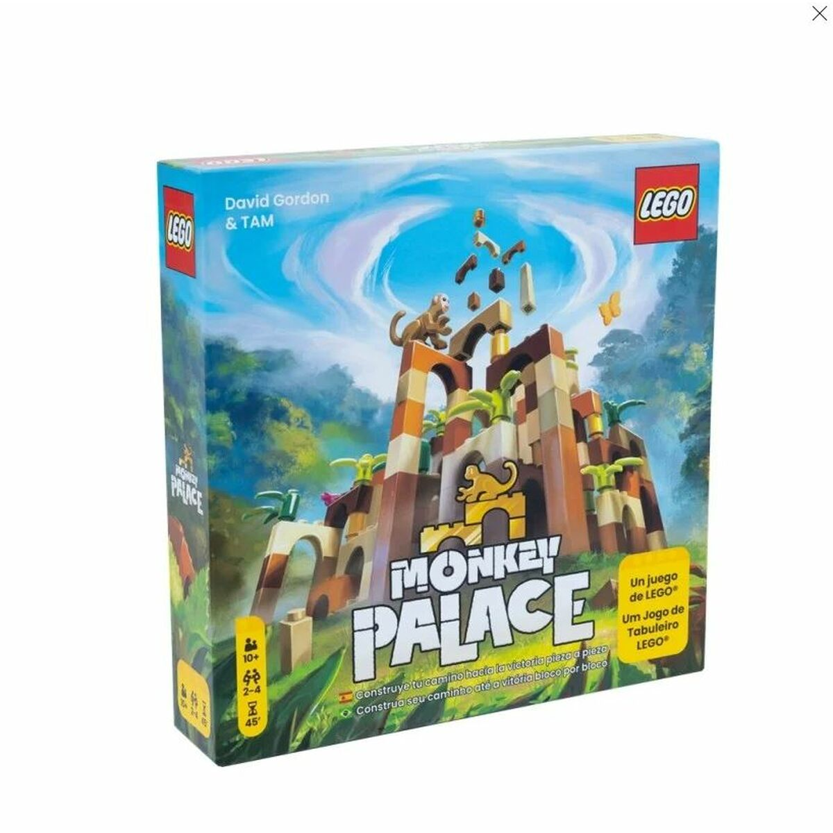 Scatola del gioco da tavolo LEGO Monkey Palace a tema giungla, con scimmie e blocchi colorati.
