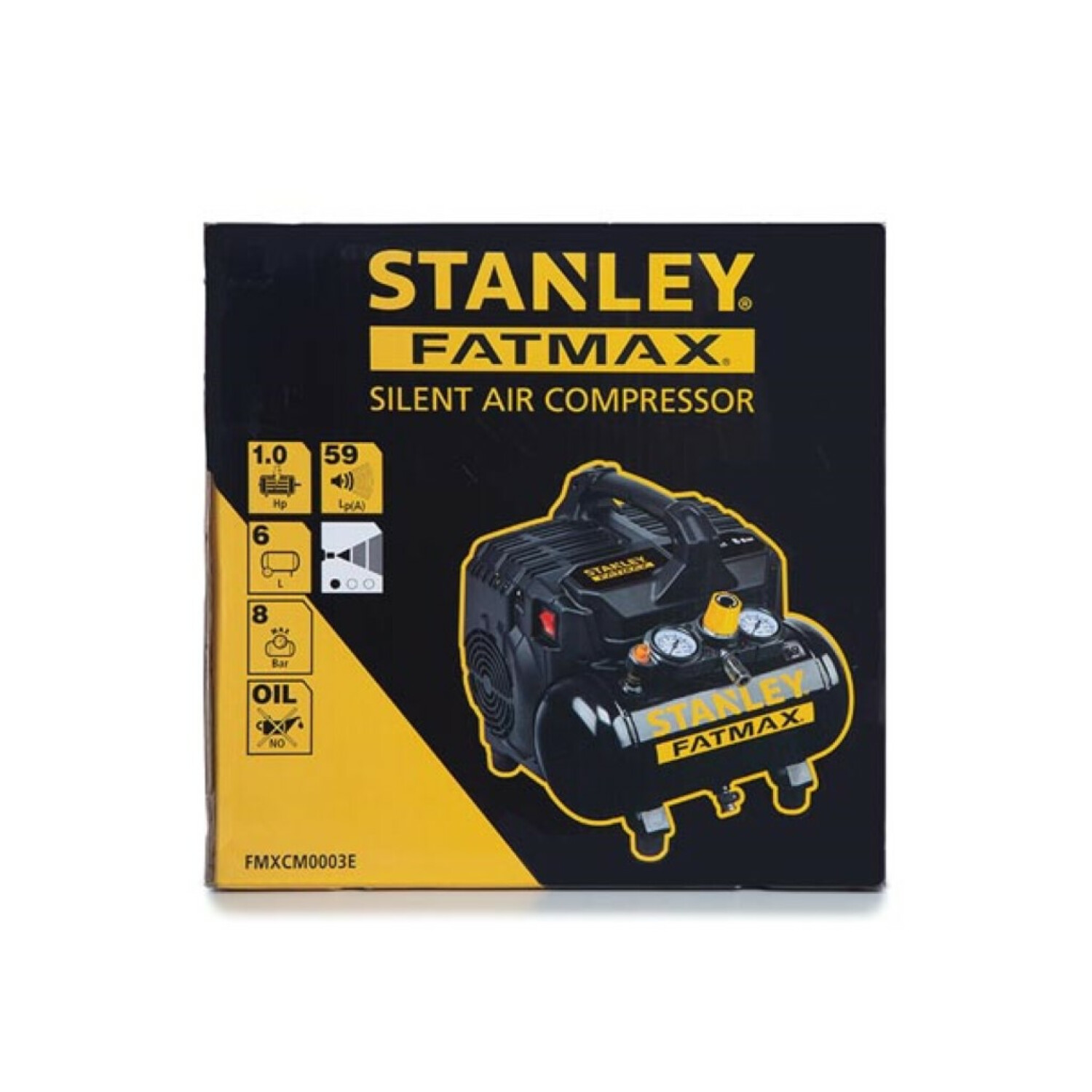 Verpackung eines schwarzen Stanley Fatmax Silent Air Compressors mit Spezifikationen.