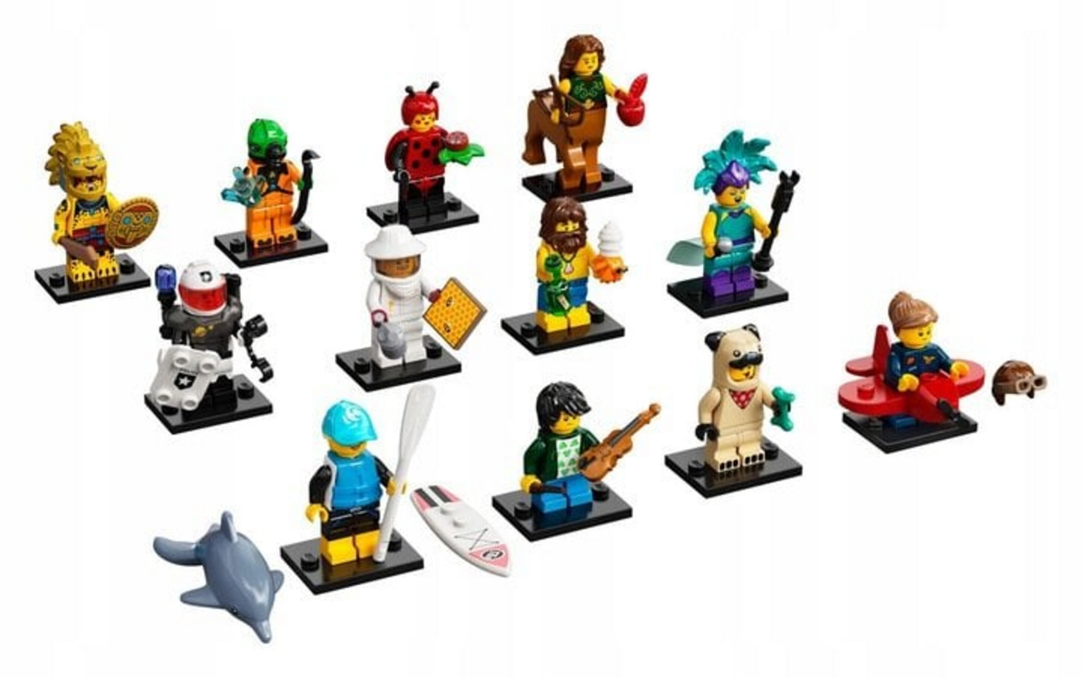 Figure Lego: guerriero leone, arciere, coccinella, centauro, astronauta, musicista, uomo carlino, pilota.