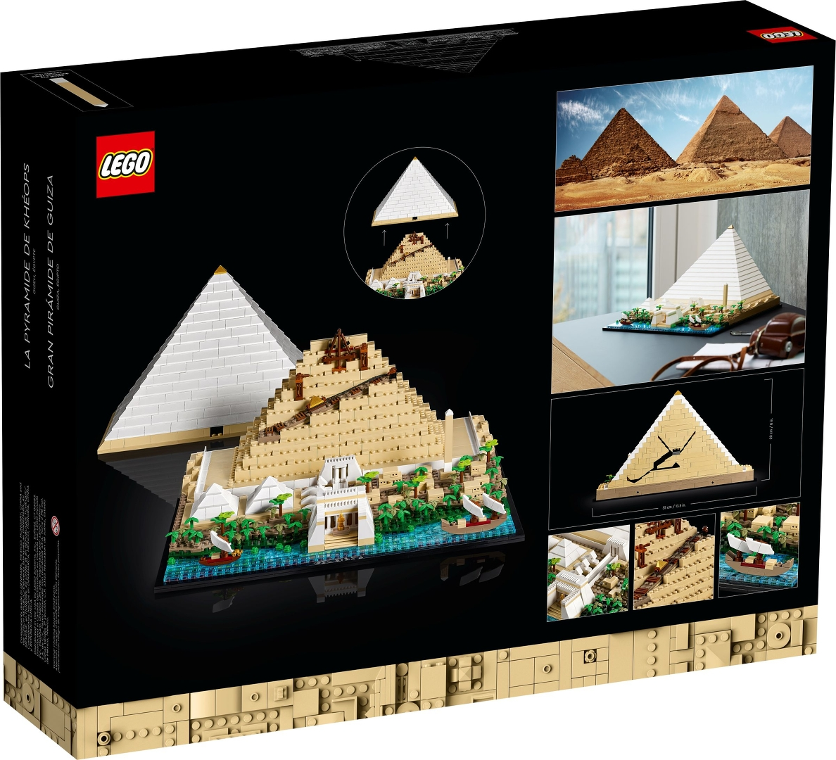 Ein Lego-Modell der Pyramiden von Gizeh mit detaillierter Landschaft und Wasser.