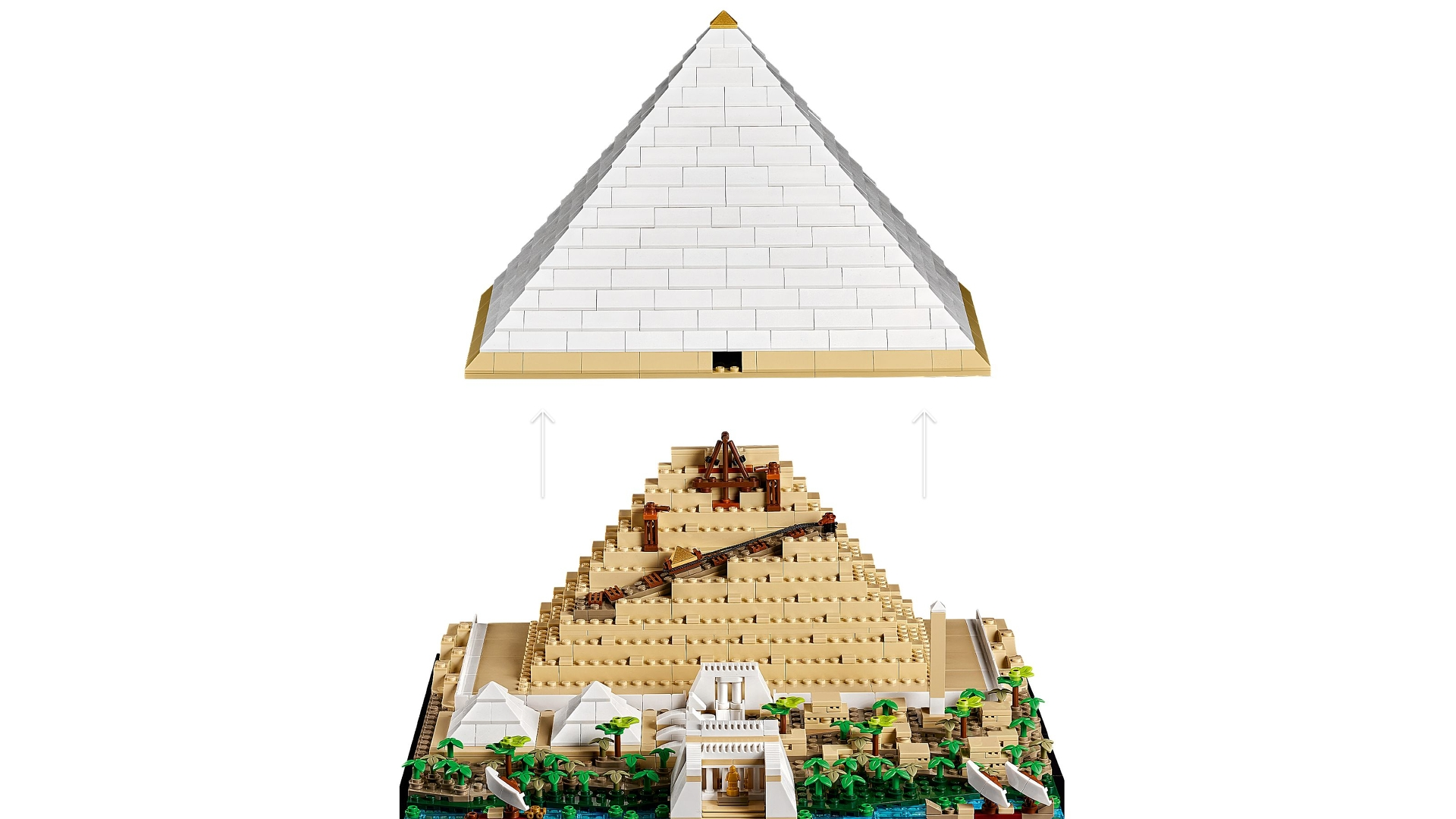 Ein Lego-Modell einer Pyramide mit Basis und kleineren Strukturen.