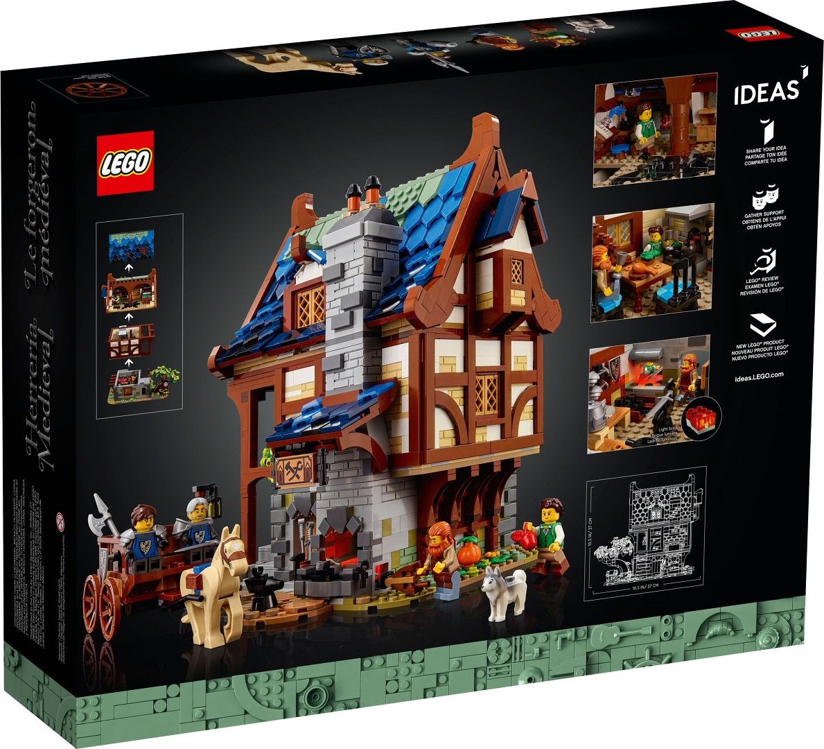 Lego mittelalterlicher Schmiedebau mit Figuren, Pferd, Wagen und detaillierter Auenansicht.