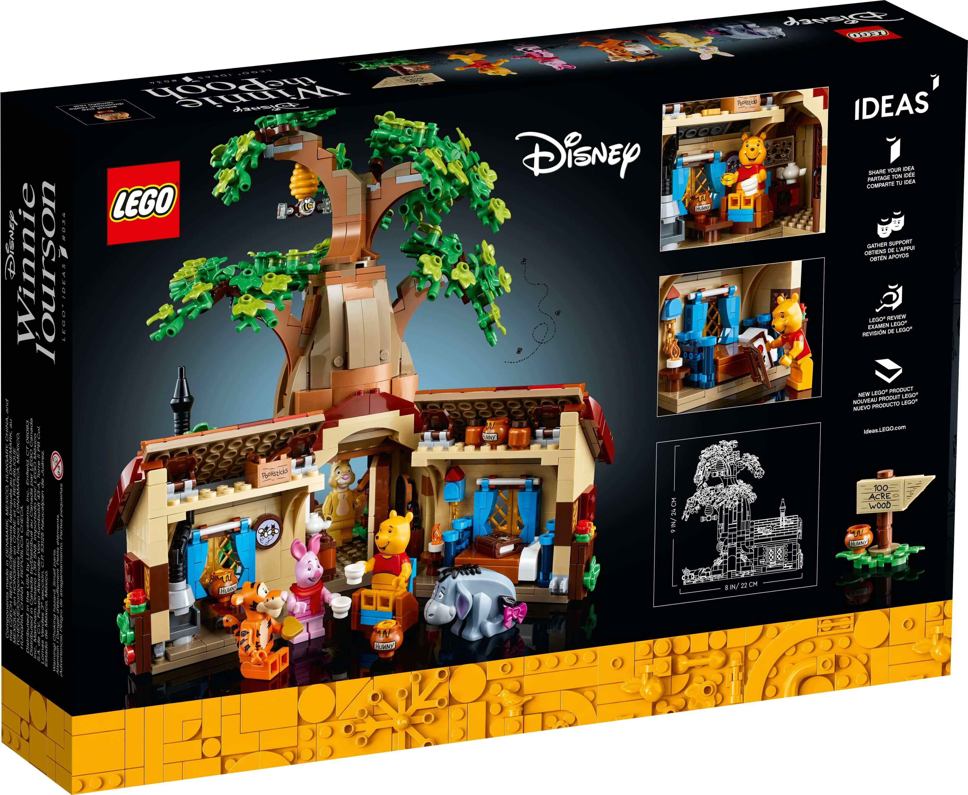 LEGO Winnie Puuh Haus mit Figuren, Baum und Bienenstock. Maße angegeben.