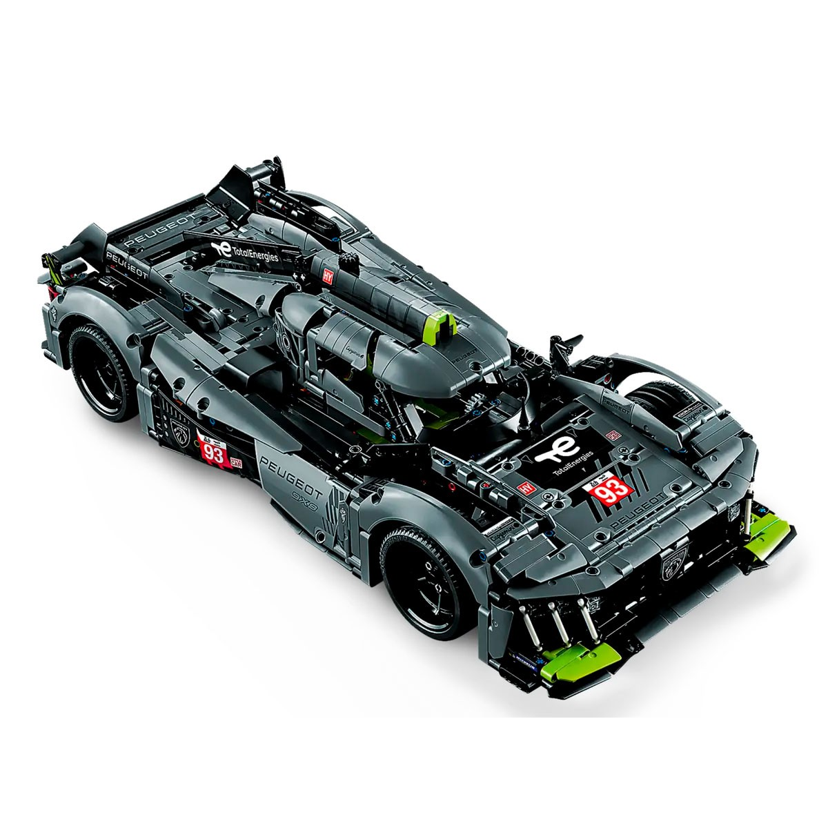 Un modello Lego Technic grigio di un'auto da corsa Peugeot 9X8 con accenti verdi.
