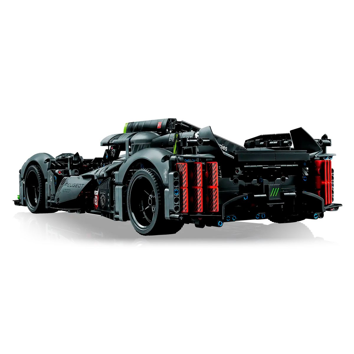 Auto da corsa Lego nera con accenti rossi e dettagli verdi.