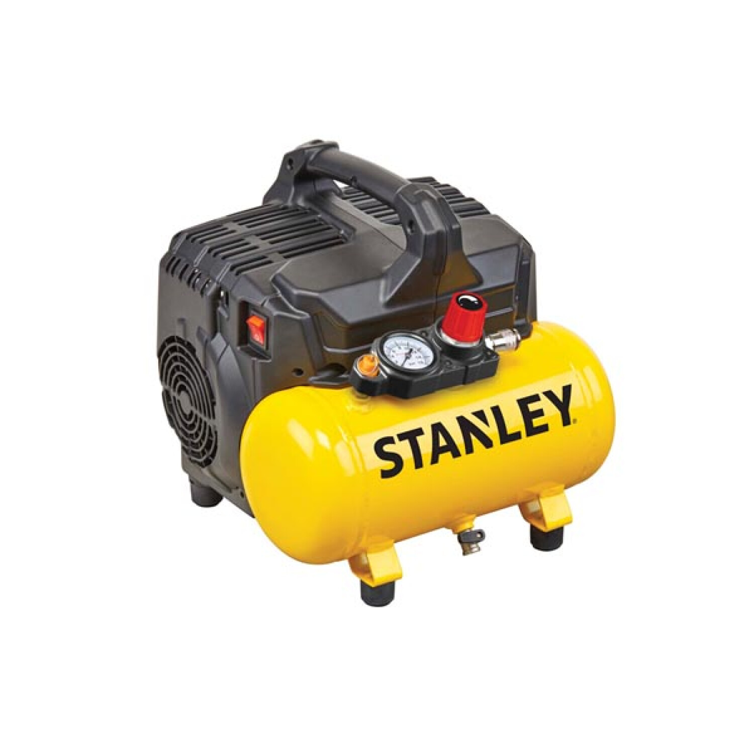 Een gele Stanley luchtcompressor met zwarte handgreep en zwarte behuizing.