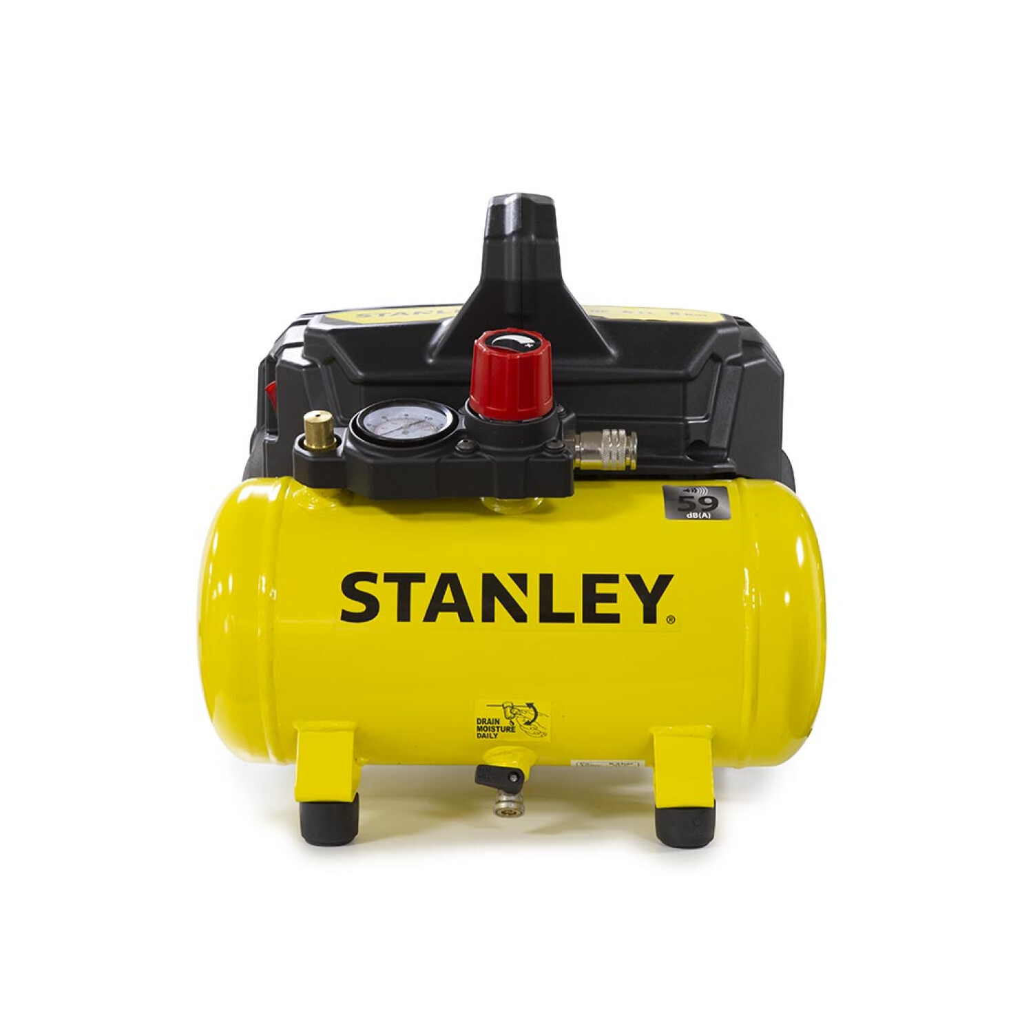 Een gele Stanley luchtcompressor met zwarte behuizing en rode regelaar.
