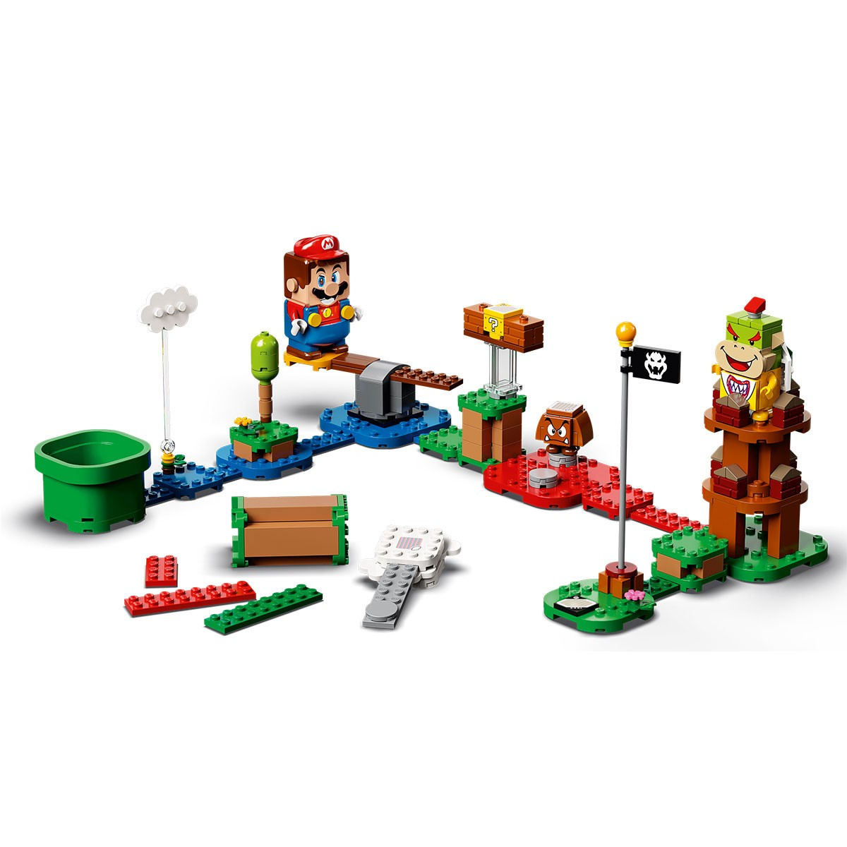 Set Lego Mario con Mario, Goomba, Bowser Jr, blocchi e un tubo verde.