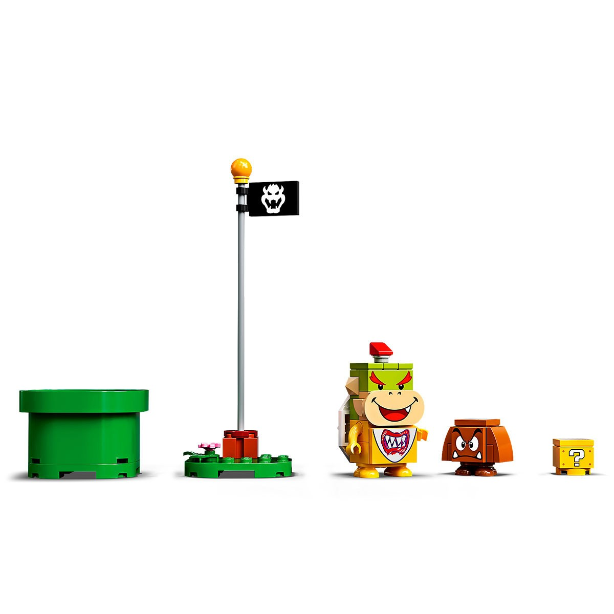 Tubo verde, bandiera, Bowser, Goomba e blocco punto interrogativo in mattoncini Lego.