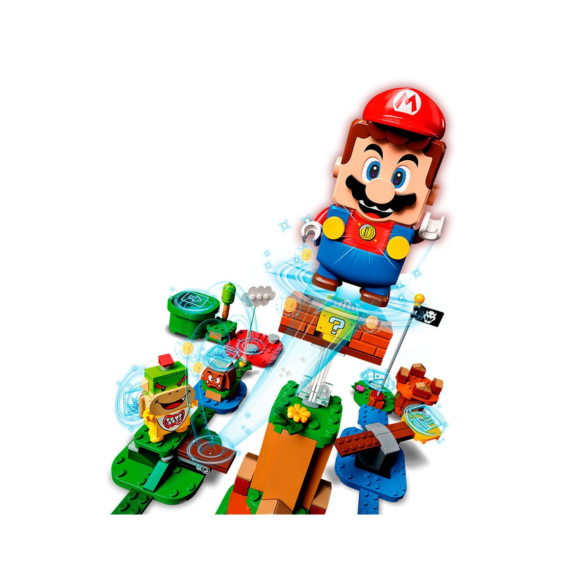 Personaggio LEGO Mario con figure di Bowser Jr. e Goomba su un percorso colorato.