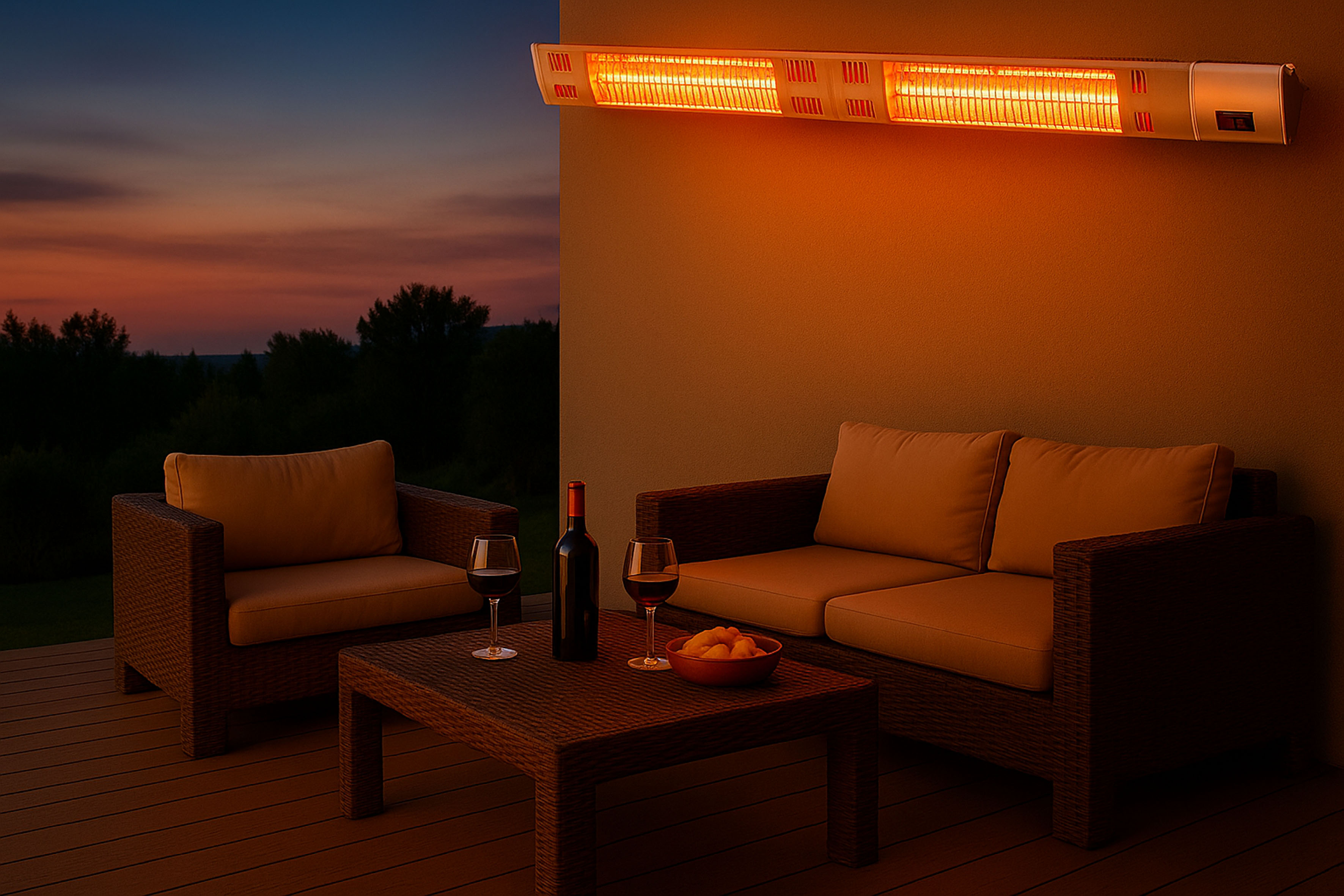 Ein Heizstrahler beleuchtet eine Terrasse mit Möbeln, Wein und Snacks bei Sonnenuntergang.