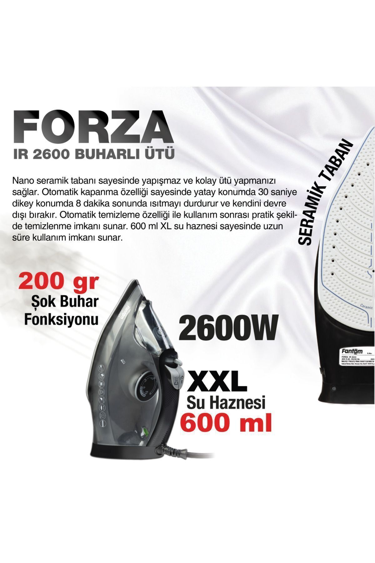 Seramik tabanlı gri ütü, 2600W, 600ml su haznesi, güçlü buhar fonksiyonu.
