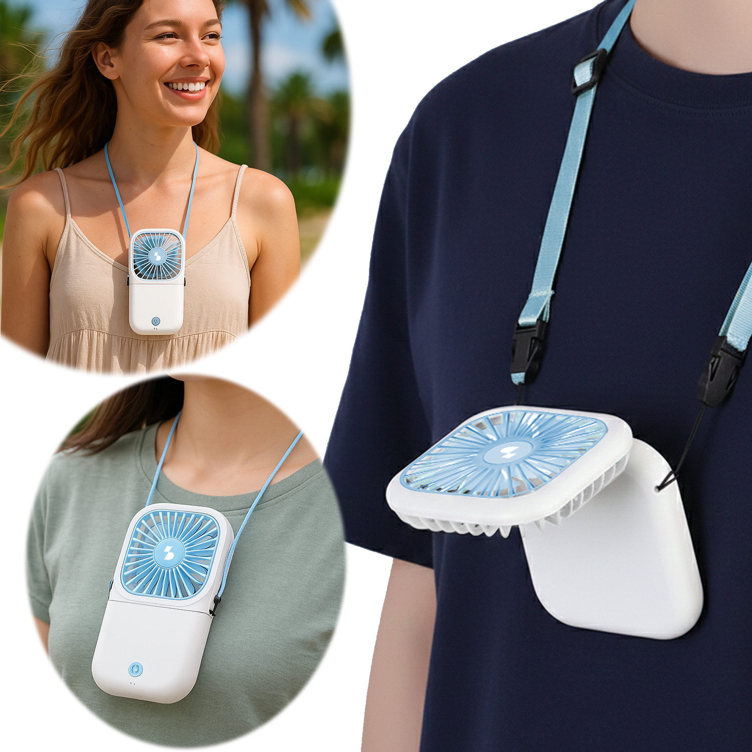 Un piccolo ventilatore bianco con griglia blu è indossato al collo.