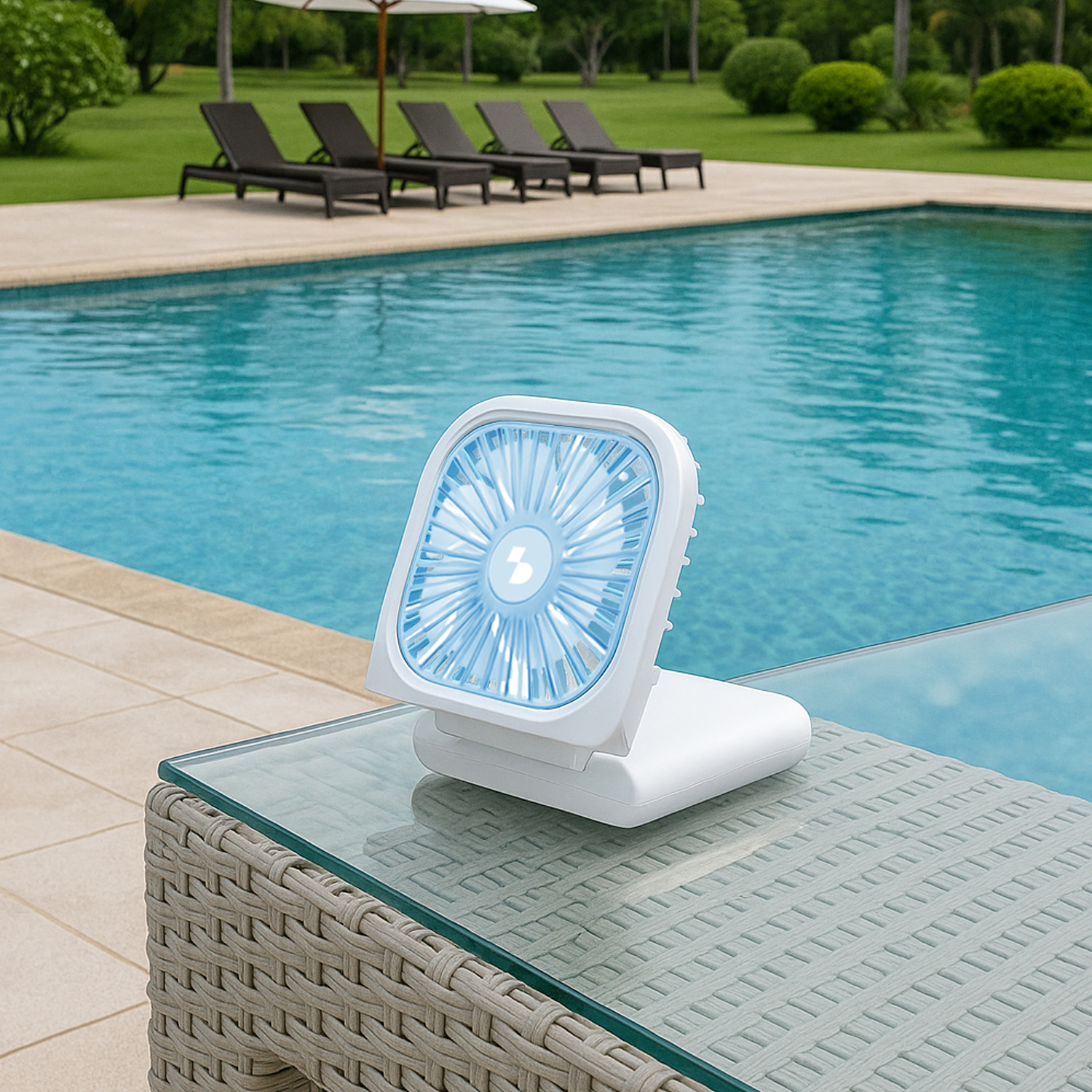 Un piccolo ventilatore bianco su un tavolino di vetro accanto a una piscina con lettini.