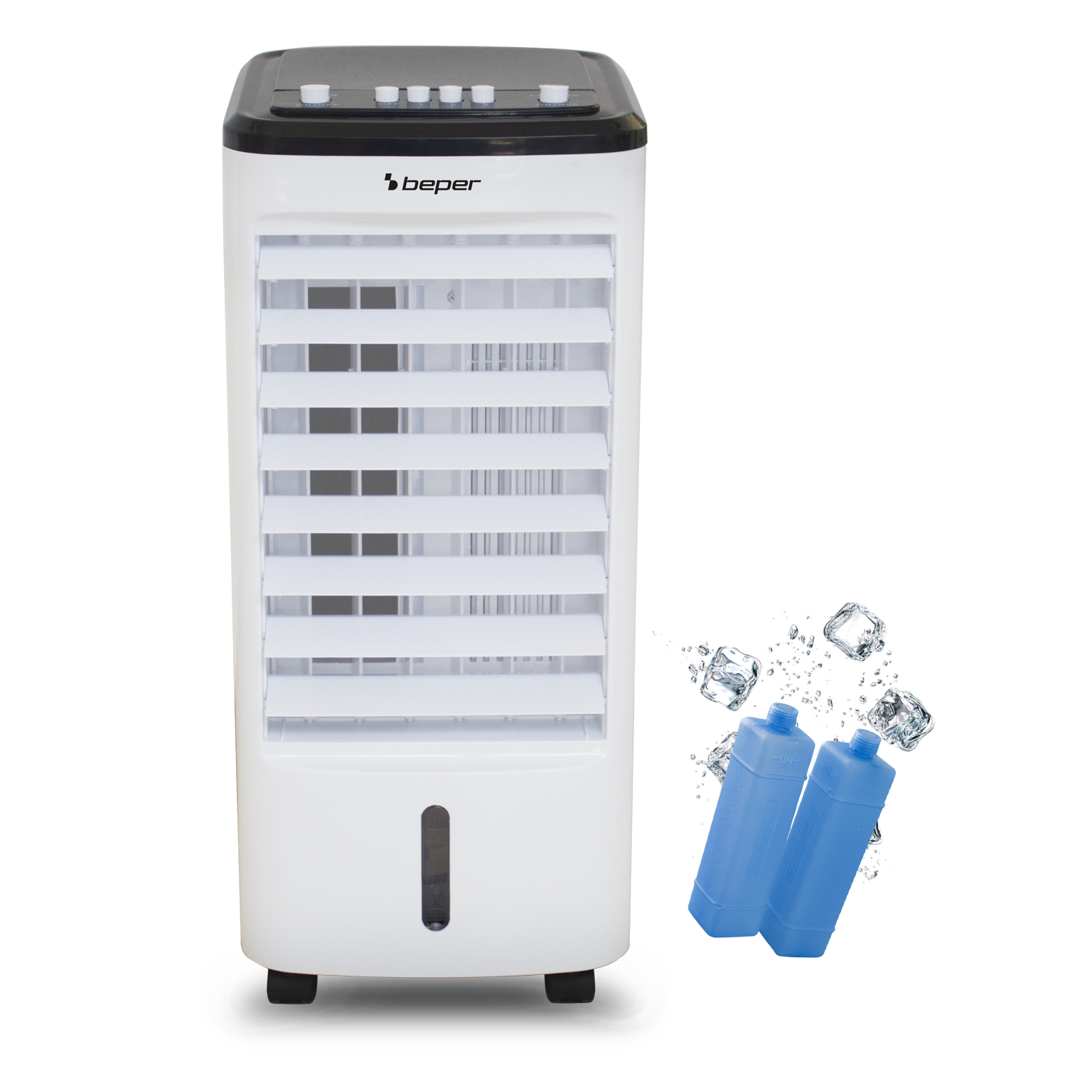 Un refrigeratore d'aria Beper bianco con parte superiore nera e due impacchi di ghiaccio blu.