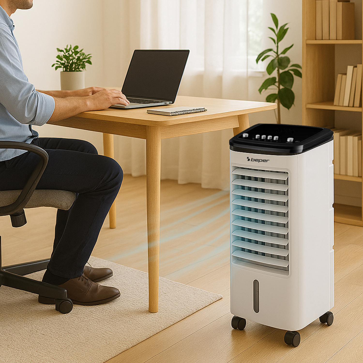 Uomo alla scrivania con laptop, climatizzatore in funzione accanto.
