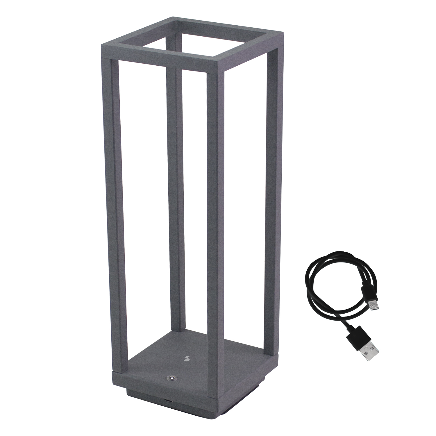 Cornice lanterna in metallo grigio con cavo USB nero a destra.