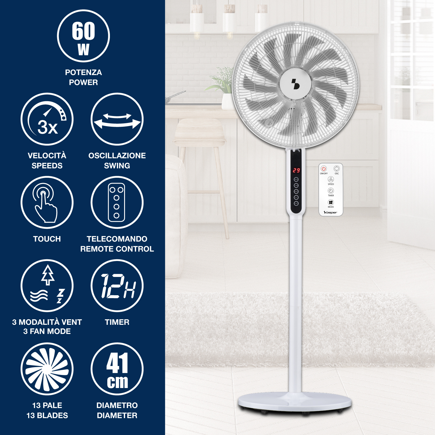 Ventilatore da terra bianco con telecomando, 3 velocità, timer, 13 pale, diametro 41cm.