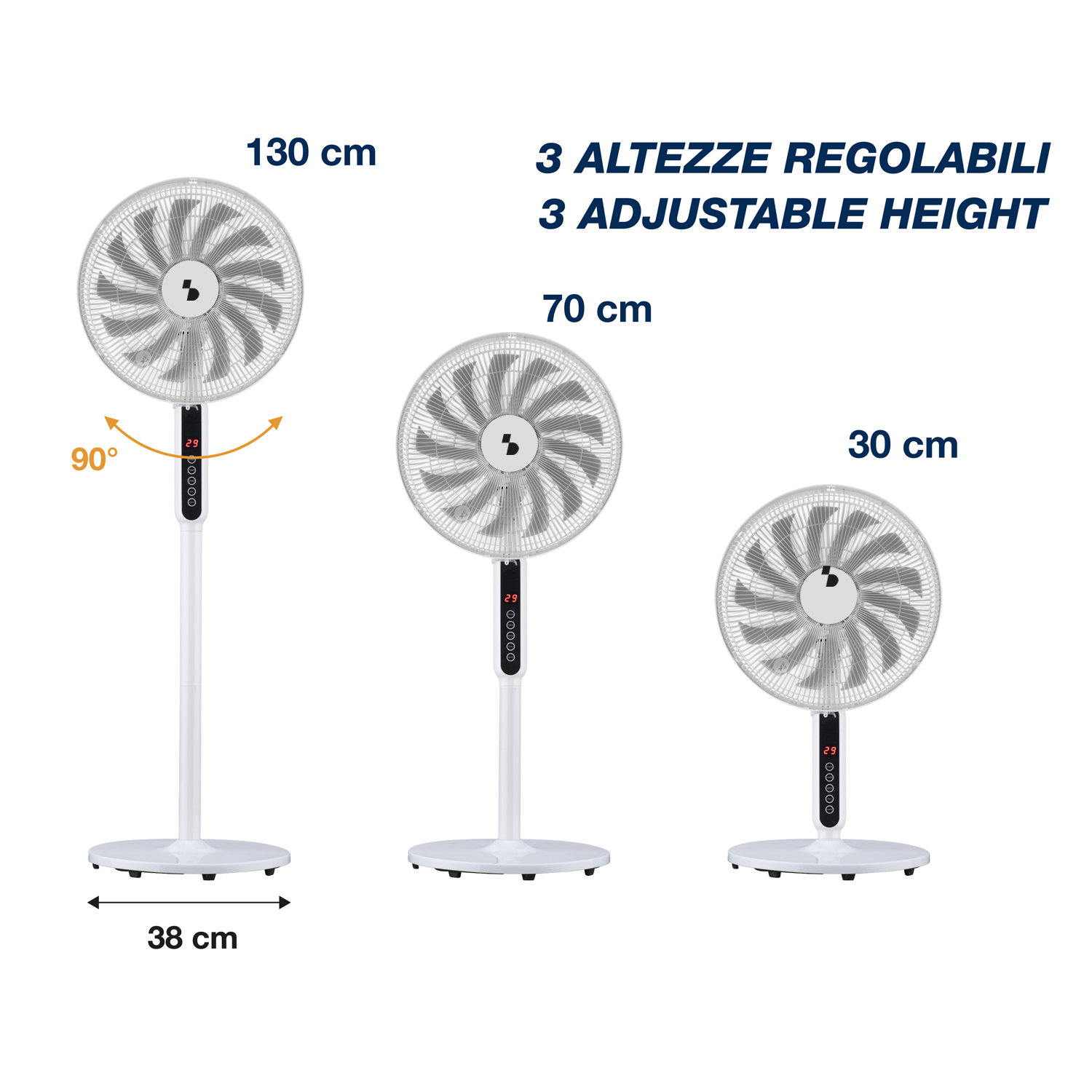 Tre ventilatori da terra bianchi ad altezze regolabili: 130 cm, 70 cm e 30 cm.
