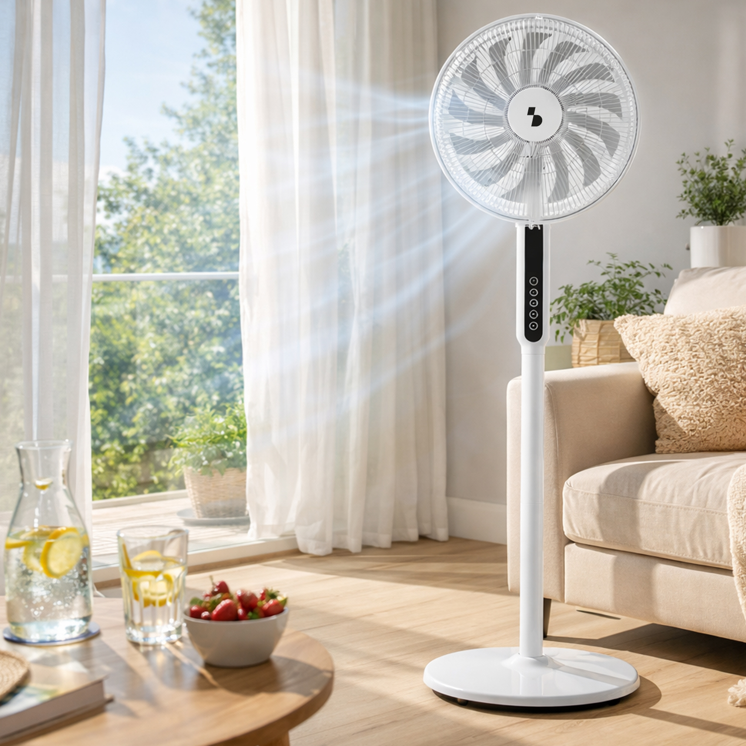 Un ventilatore da terra bianco accanto a un divano, con frutta e bevande su un tavolo.