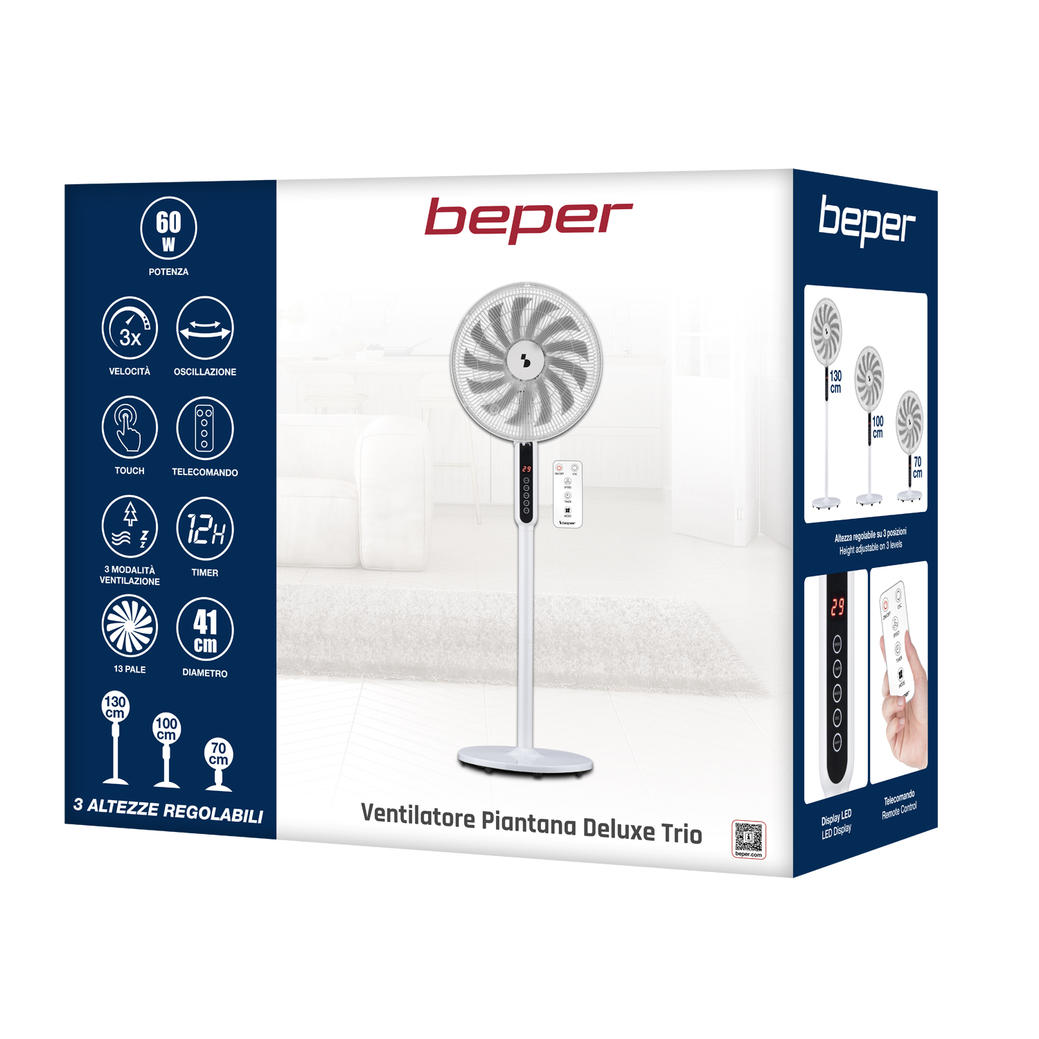 Ventilatore da terra bianco con telecomando e display LED, 60W.