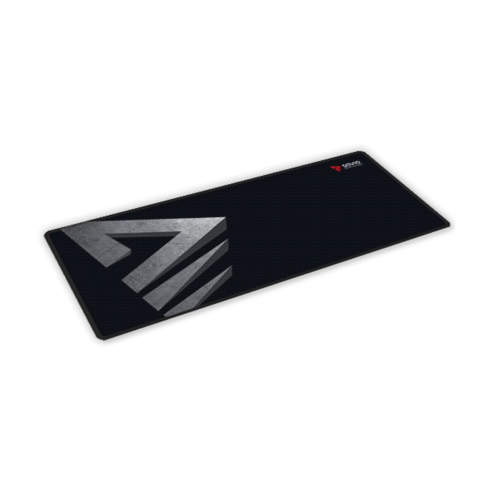 Czarna podkładka pod mysz z szarym logo geometrycznym po lewej i czerwonym logo marki w prawym górnym rogu.