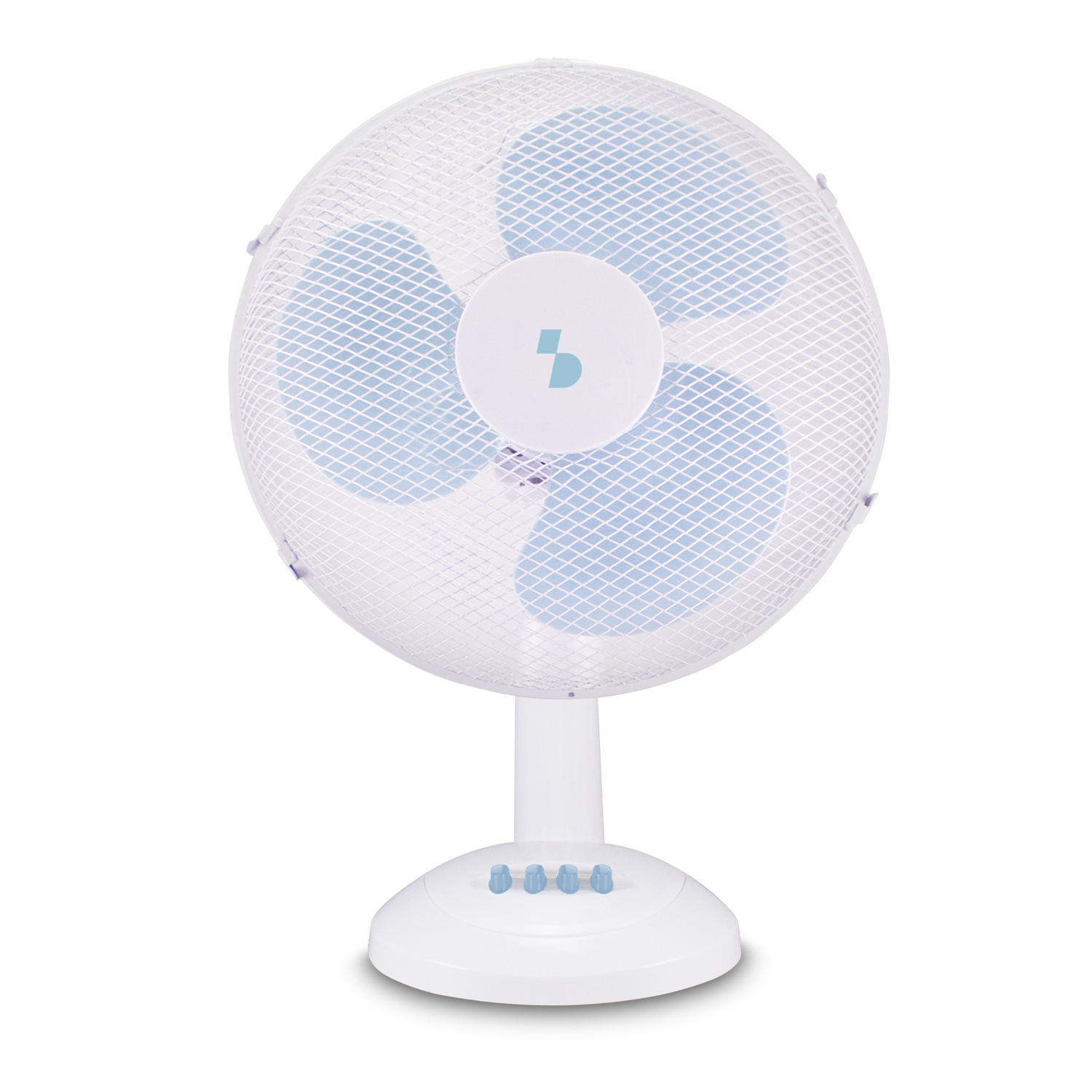 Ventilatore da tavolo bianco con pale blu e pulsanti.