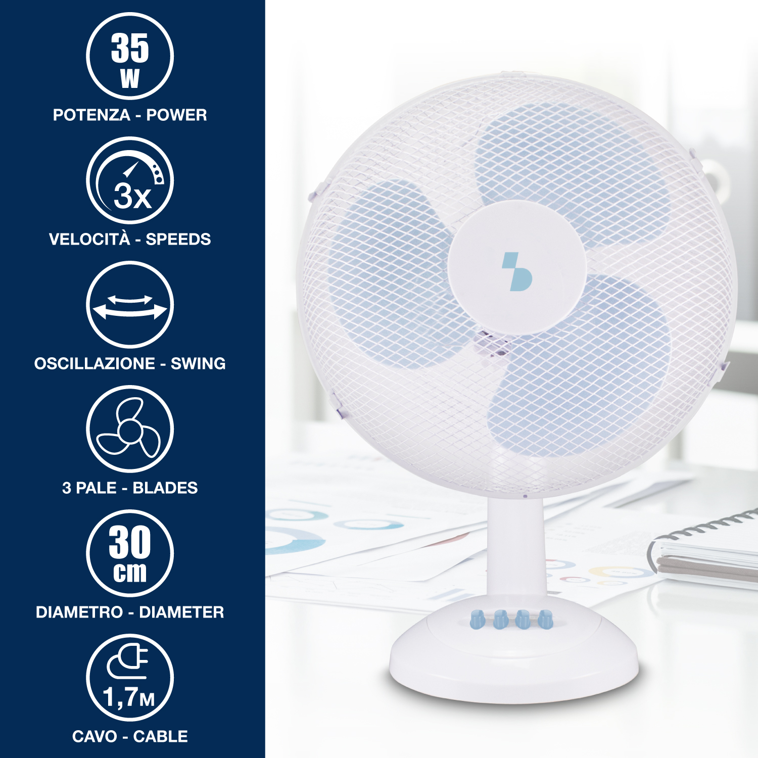 Ventilatore da tavolo bianco con rotore blu, 3 velocità, diametro 30cm, potenza 35W.