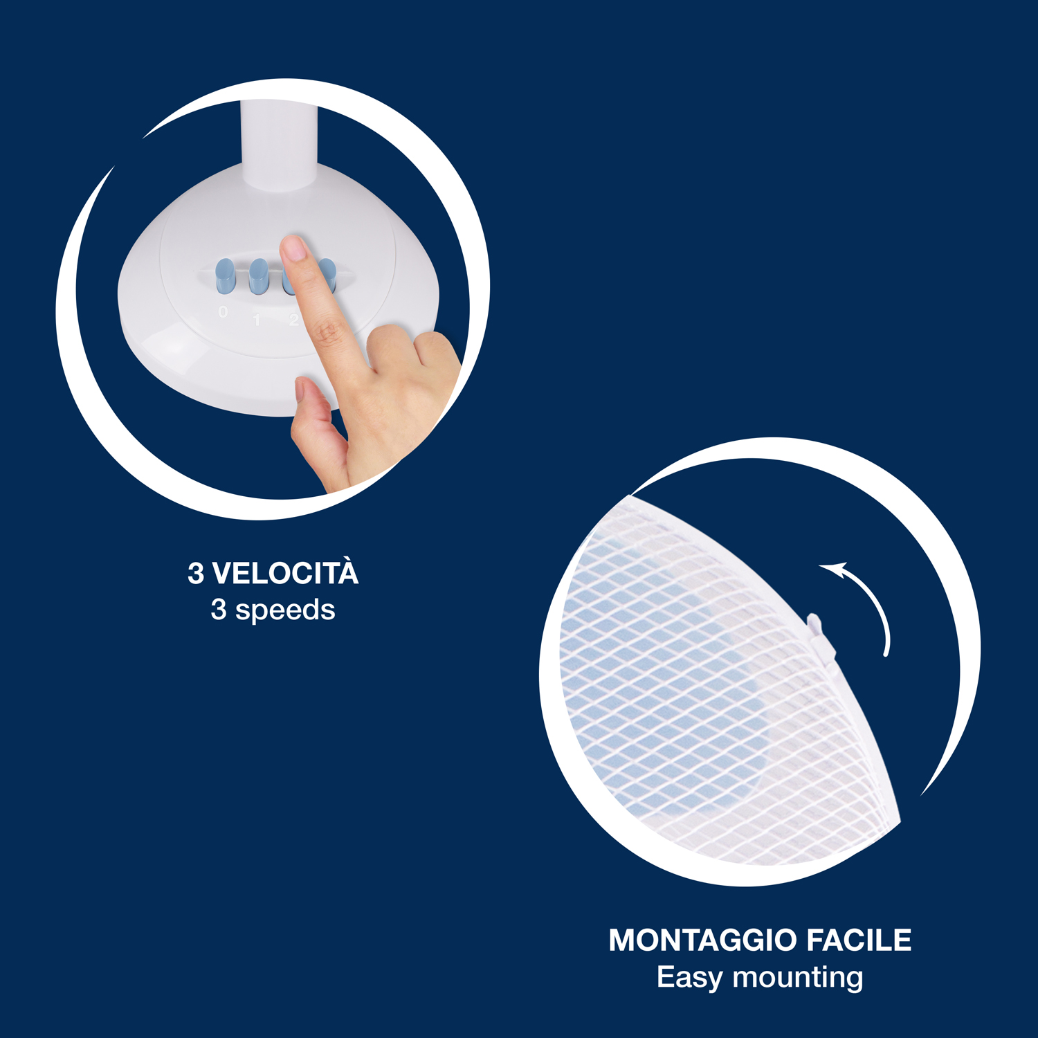 Un dito preme un pulsante su un ventilatore bianco; una griglia viene montata facilmente.