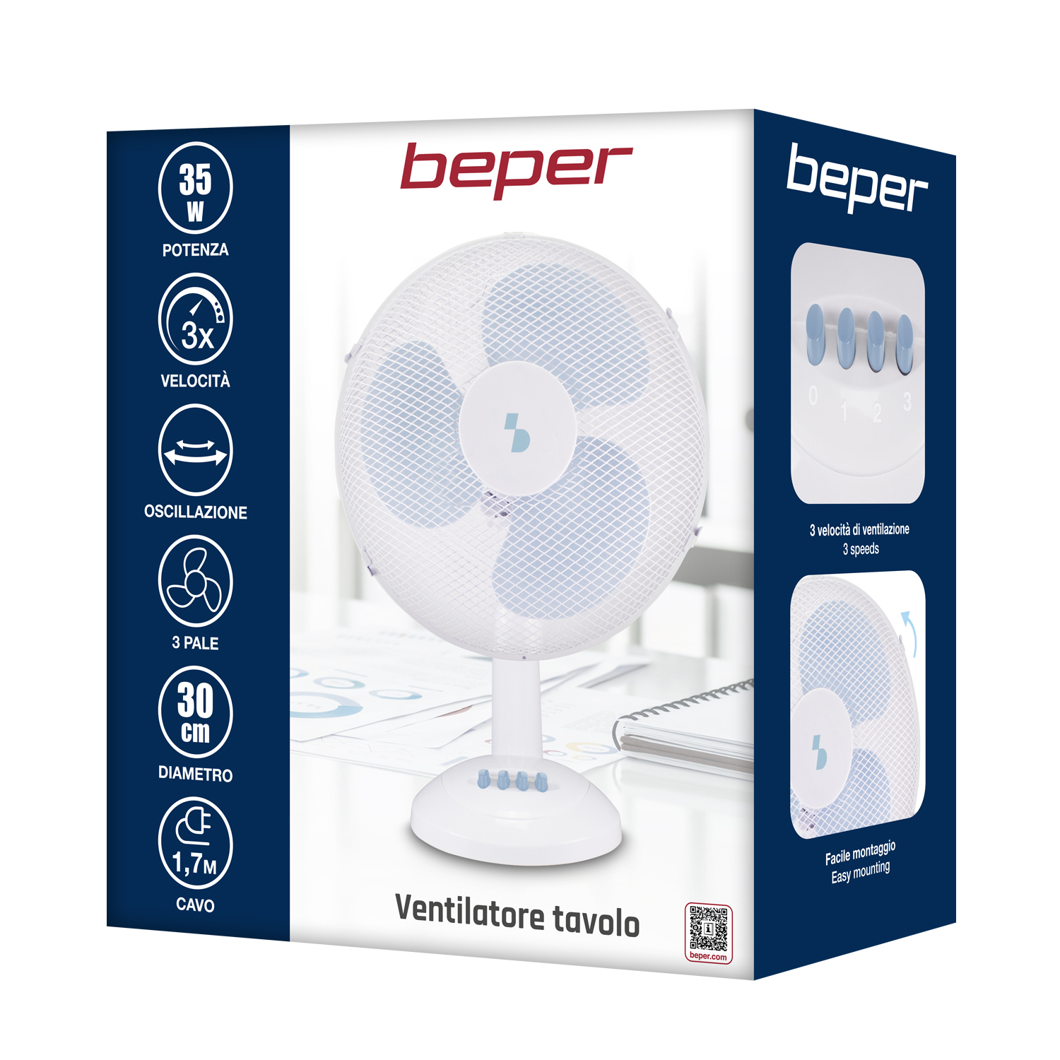 Ventilatore da tavolo bianco con 3 velocità e diametro 30cm.